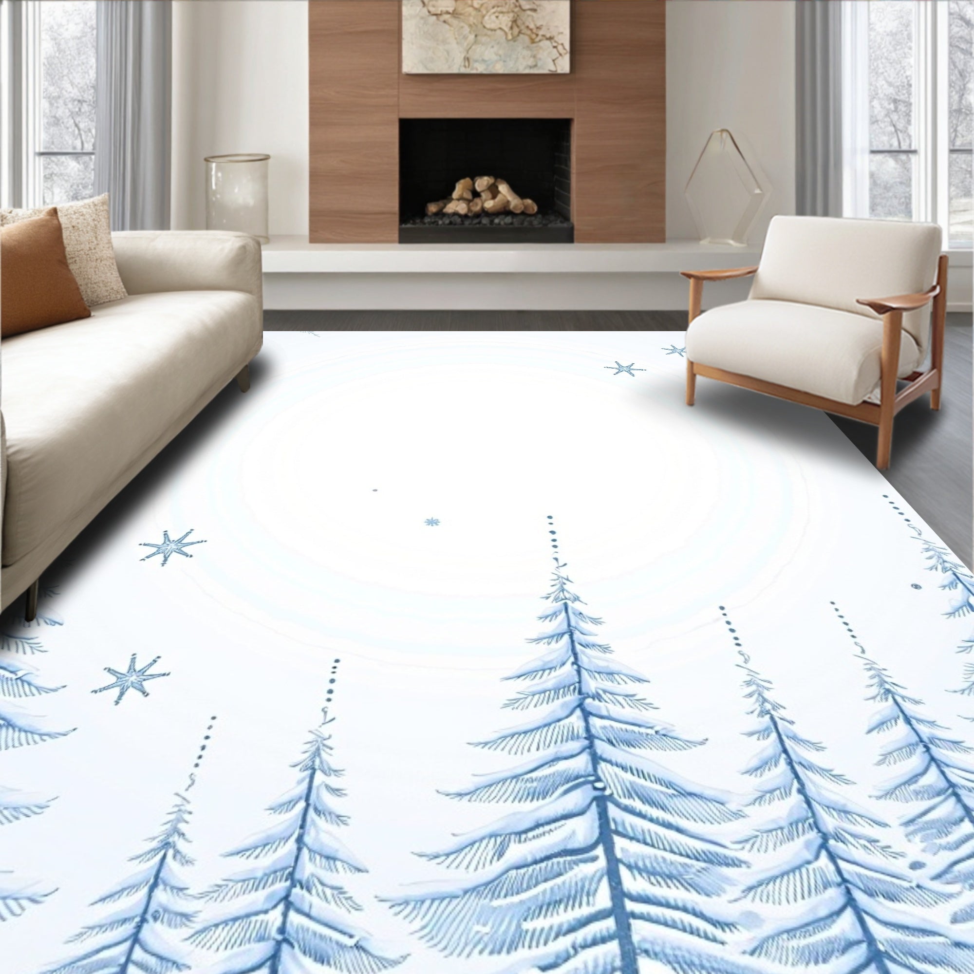 Blue Winter Snow Tree Forest Rug