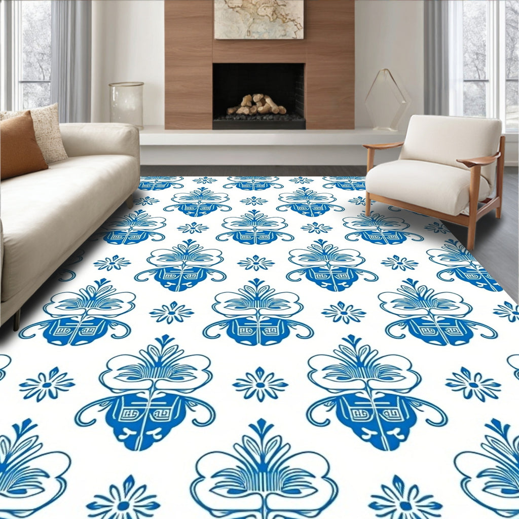 Classic Blue Floral Damask Design Rug