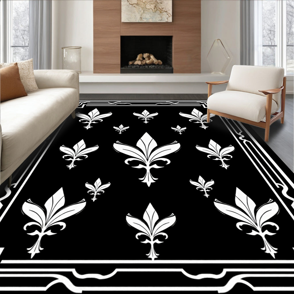 Elegant Black White Fleur-de-lis Pattern Rug