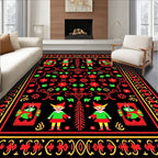 Red Black Elf Floral Border Rug