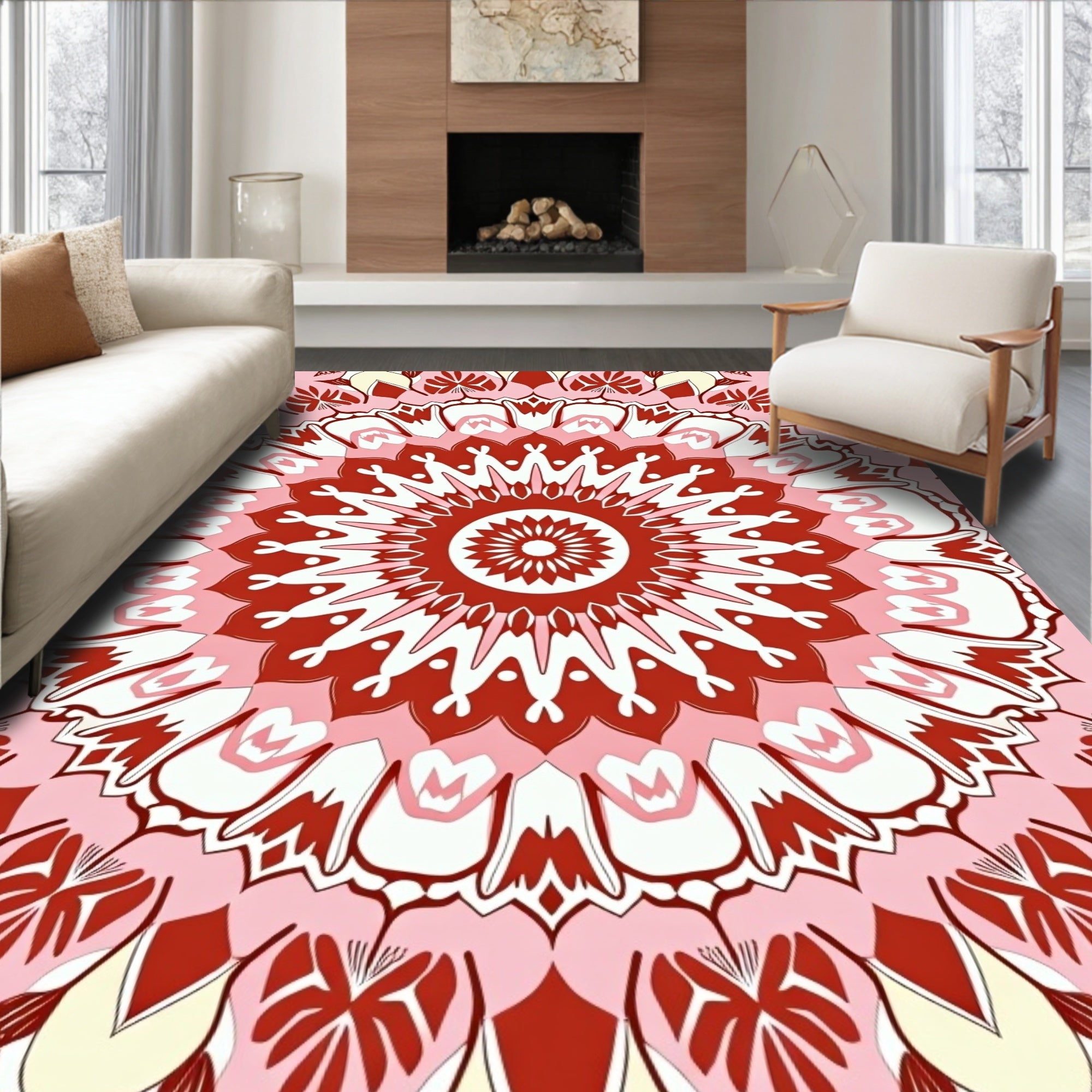 Red Pink Floral Mandala Style Rug