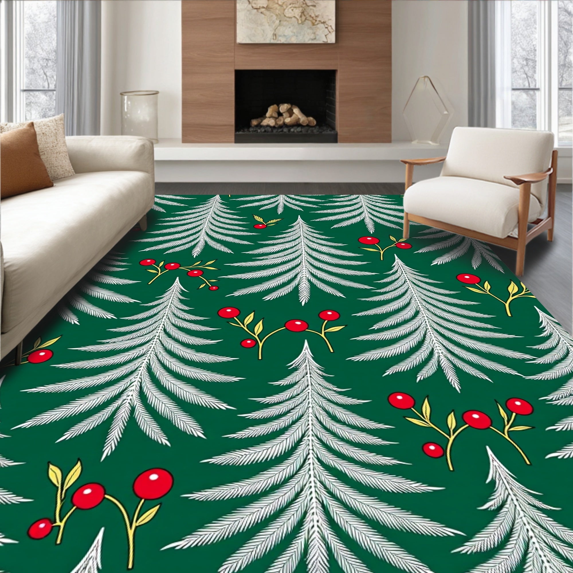 White Evergreen Forest Red Berry Rug