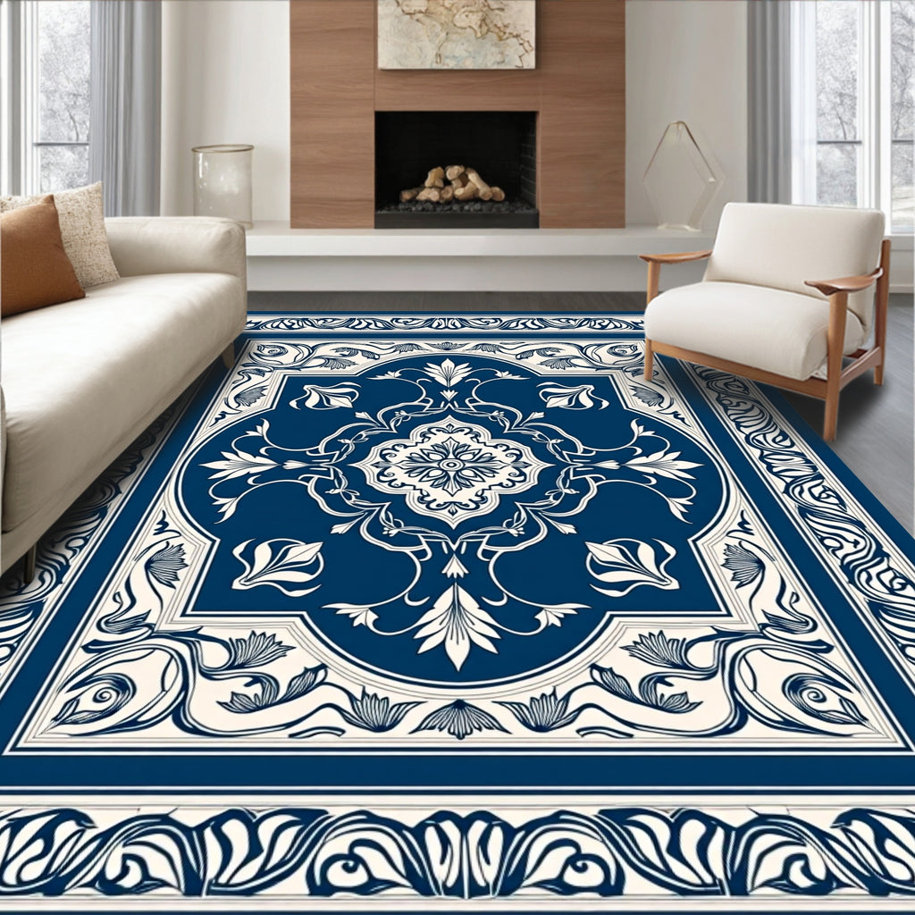 Classic Blue White Floral Medallion Rug