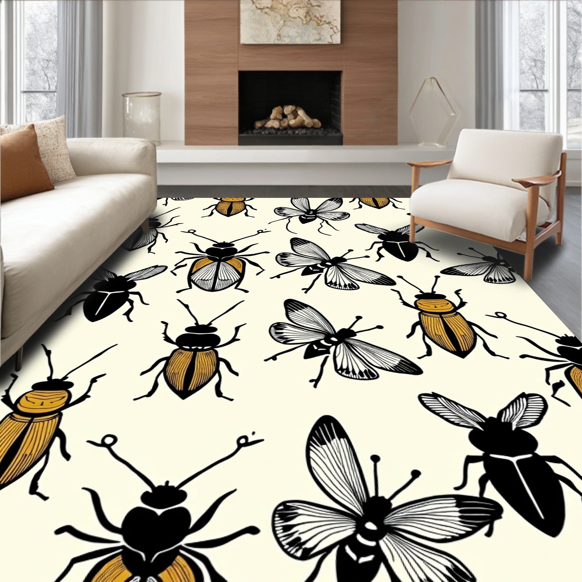 Illustrated Insect Pattern In Black and Gold Rug