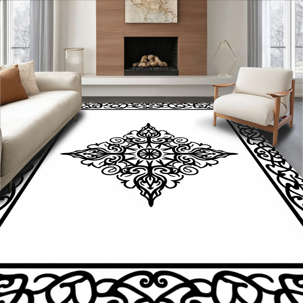 Ornate Black Scroll Mandala Design Rug
