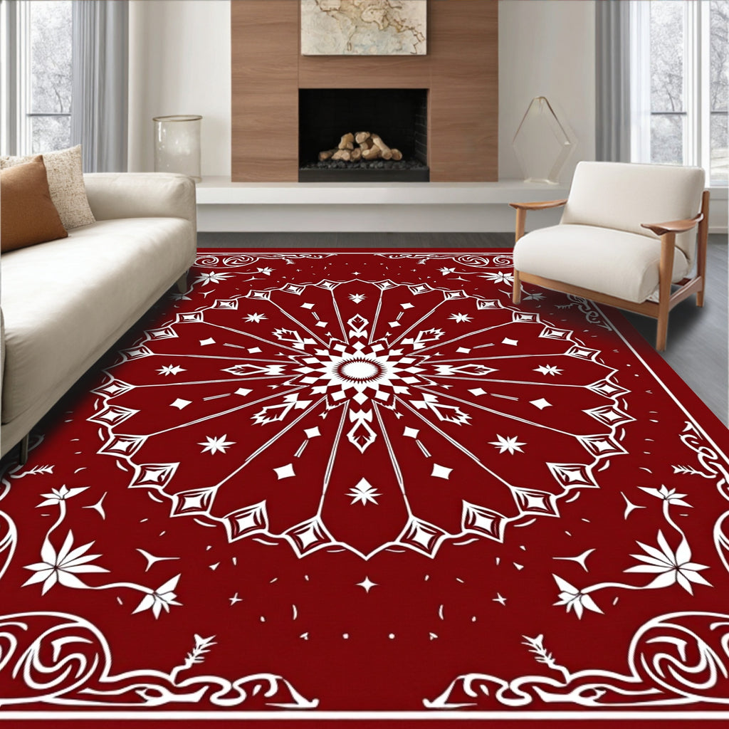 Ornate Red White Mandala Design Rug