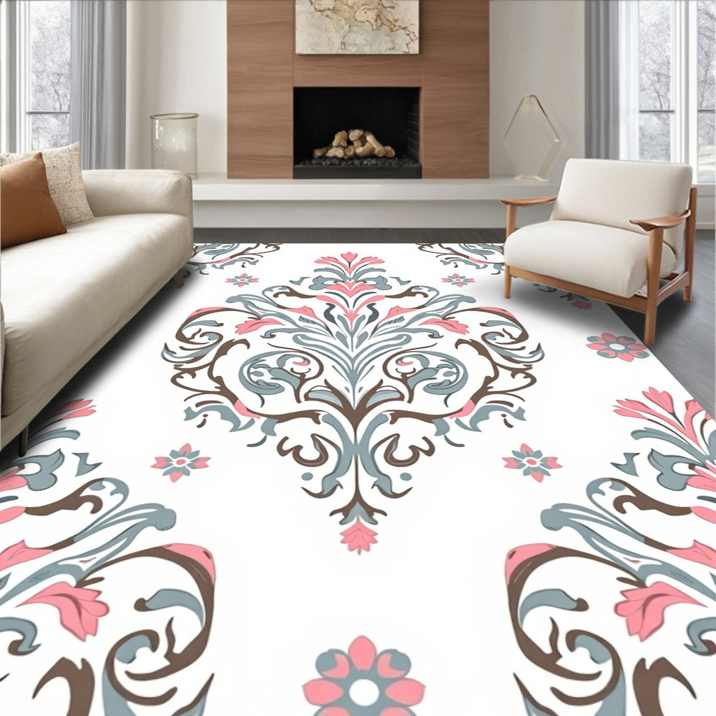 Pink Blue Floral Damask Pattern Rug