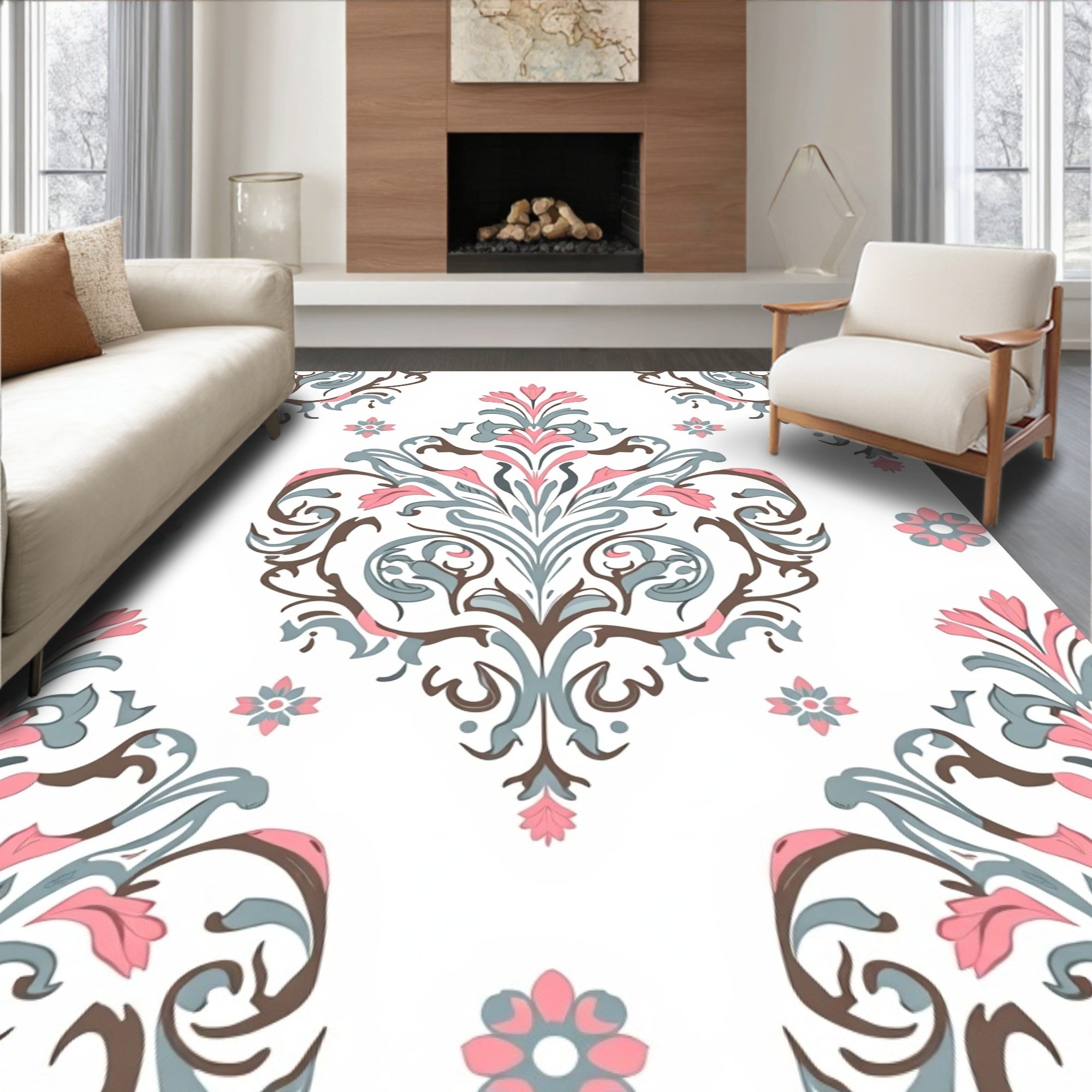 Pink Blue Floral Damask Pattern Rug