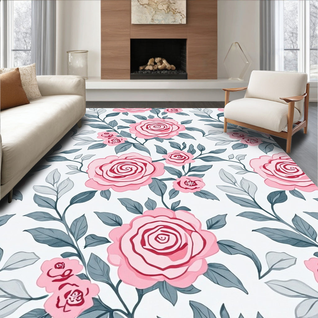 Elegant Pink Rose Floral Pattern Rug