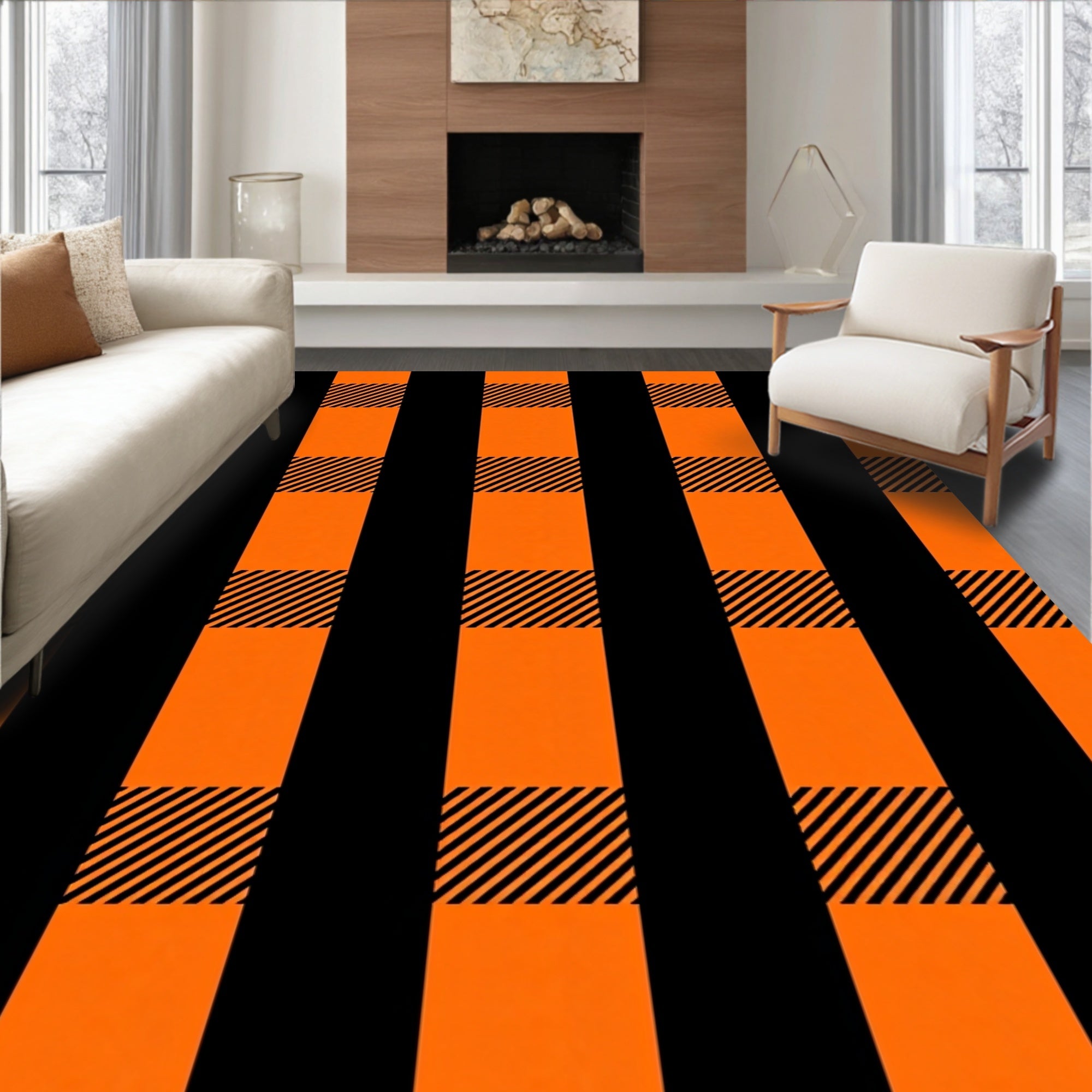 Bold Orange Black Plaid Design Rug