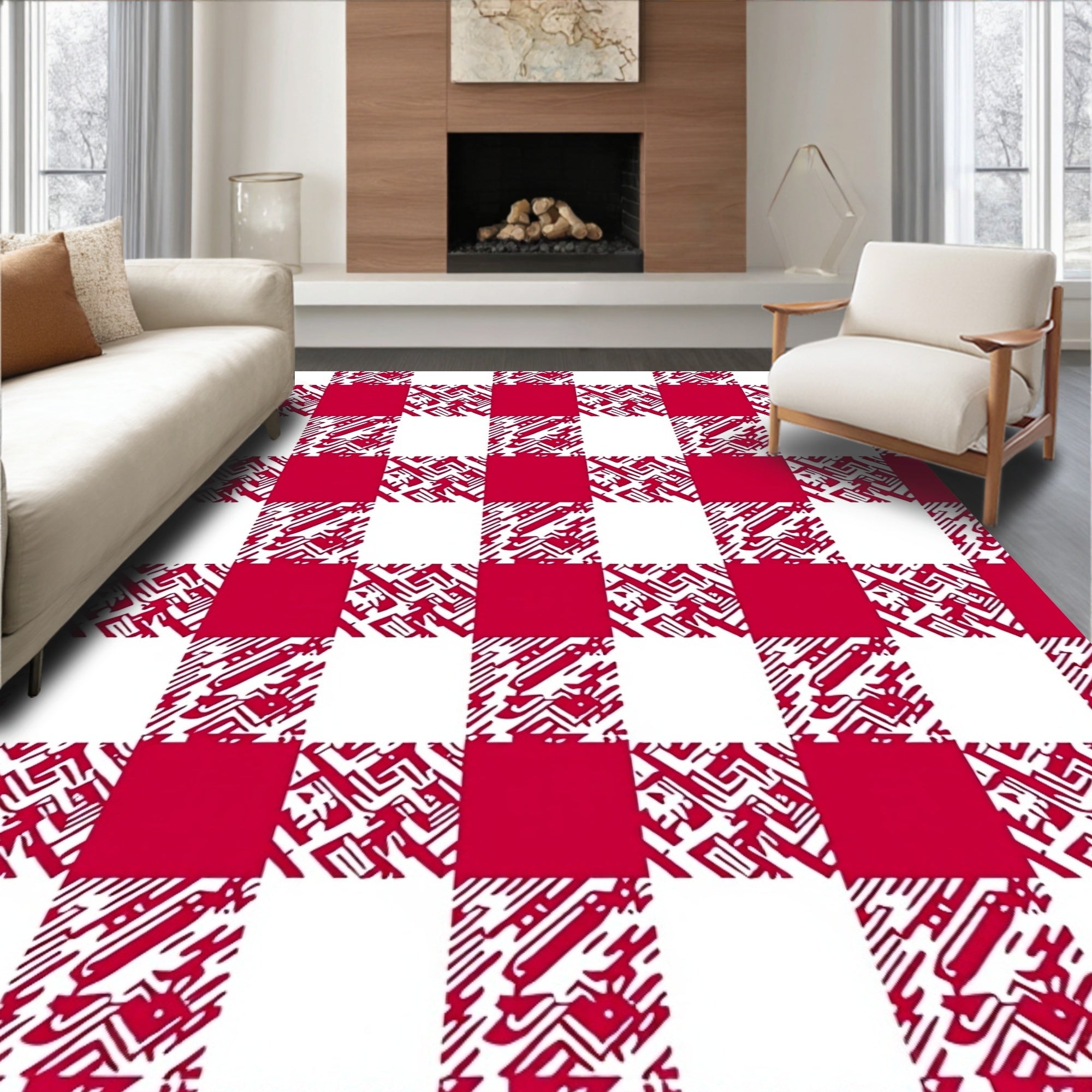 Red White Abstract Checkered Pattern Rug
