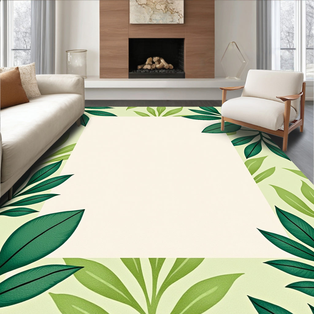 Green Leaf Patterned Contemporary Rug