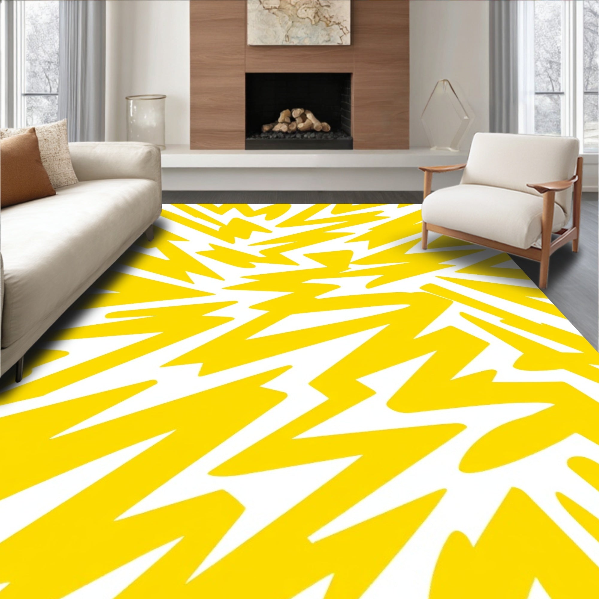 Bold Yellow Lightning Pattern Rug