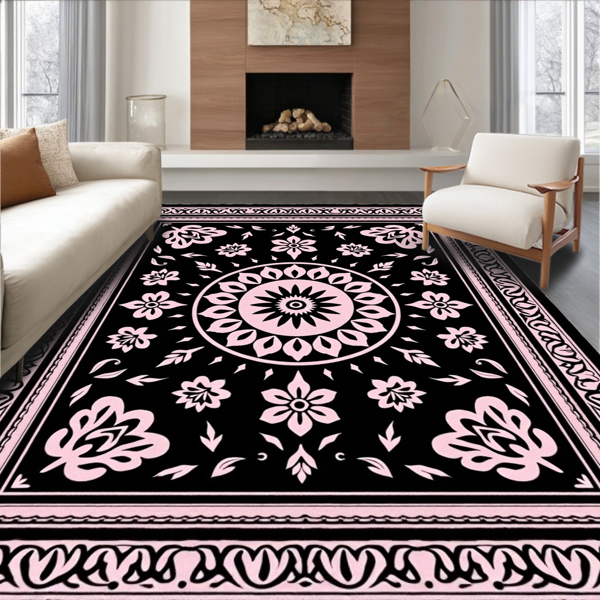 Black Blush Floral Medallion Border Rug