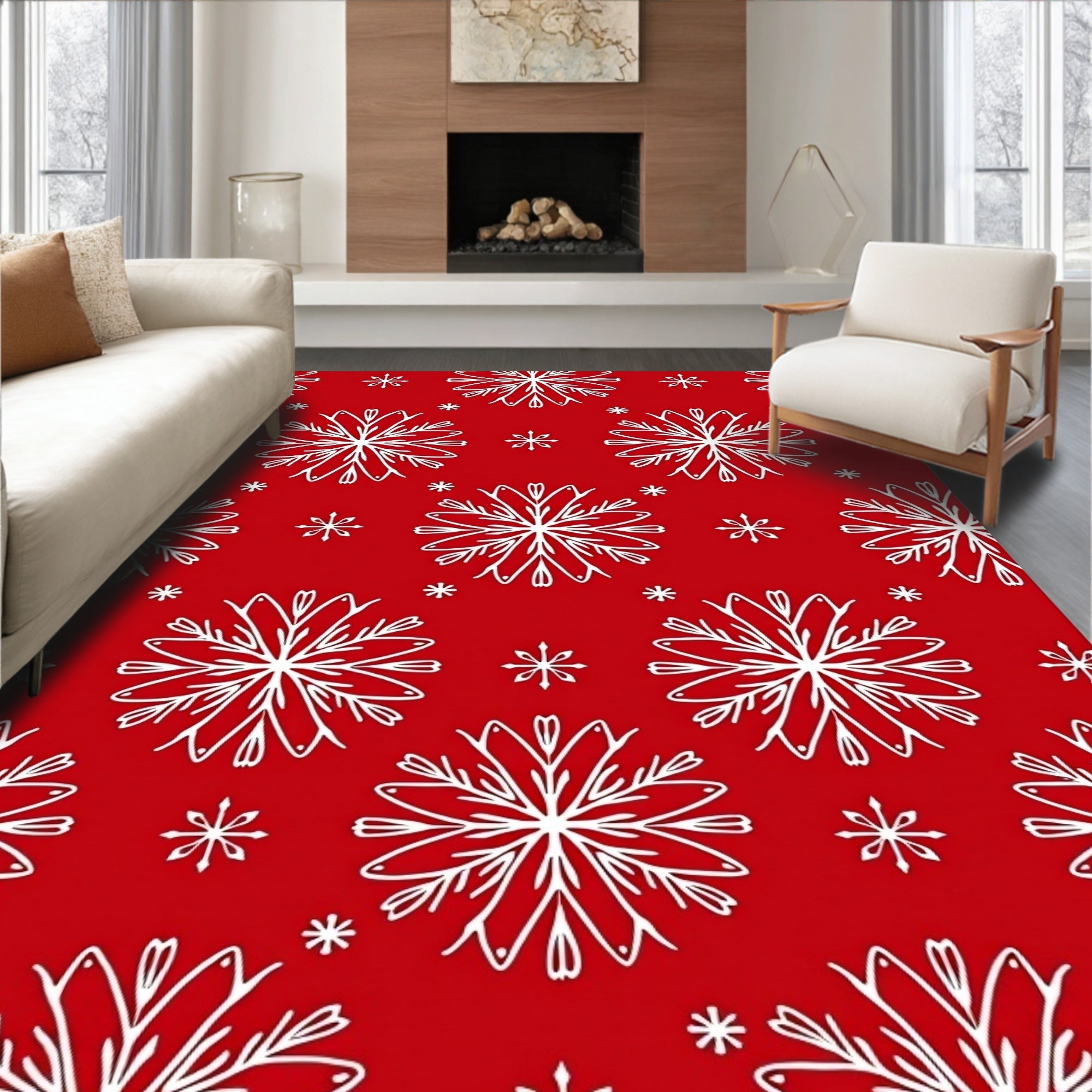 Red White Snowflake Pattern Rug