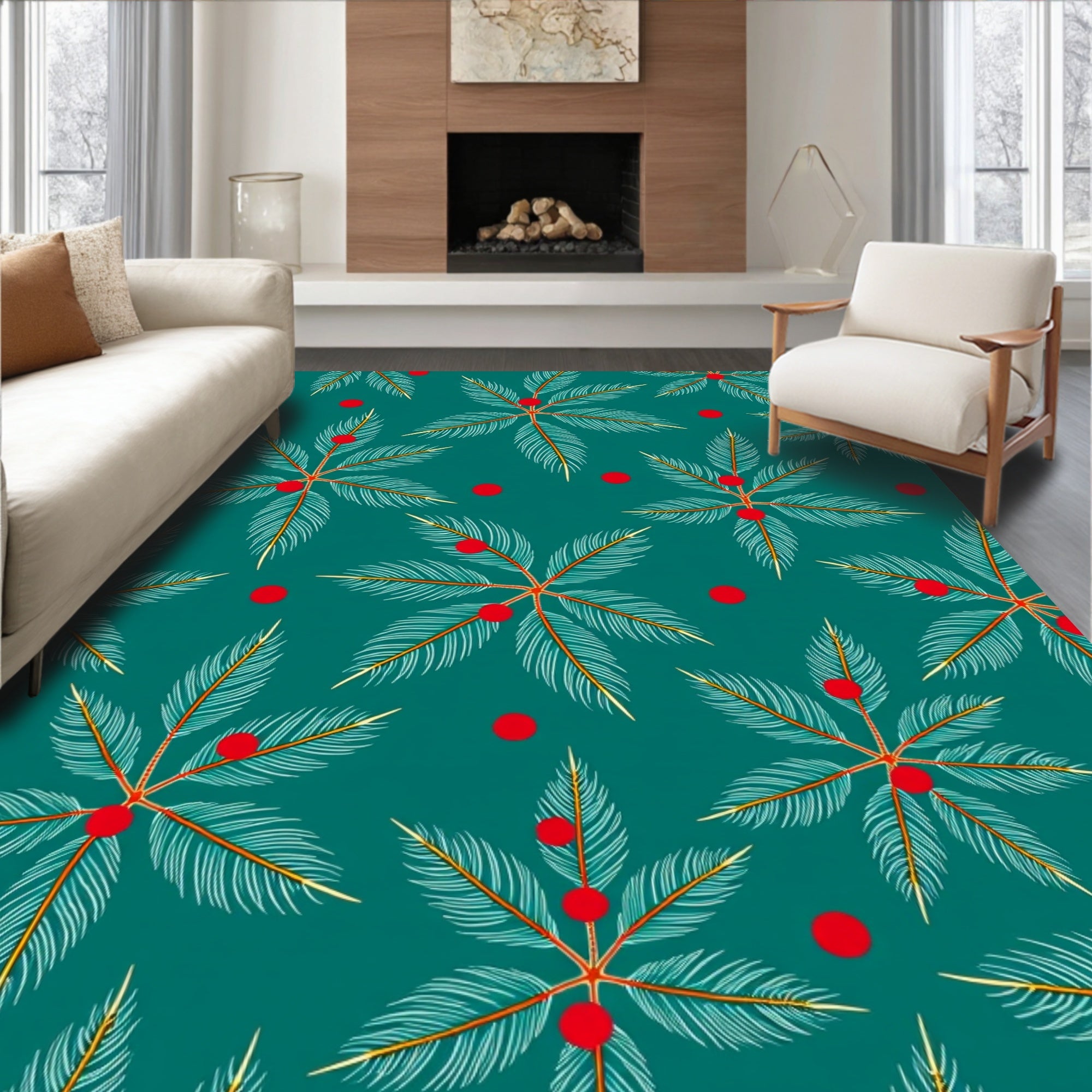 Green Teal Palm Leaf Red Berry Rug