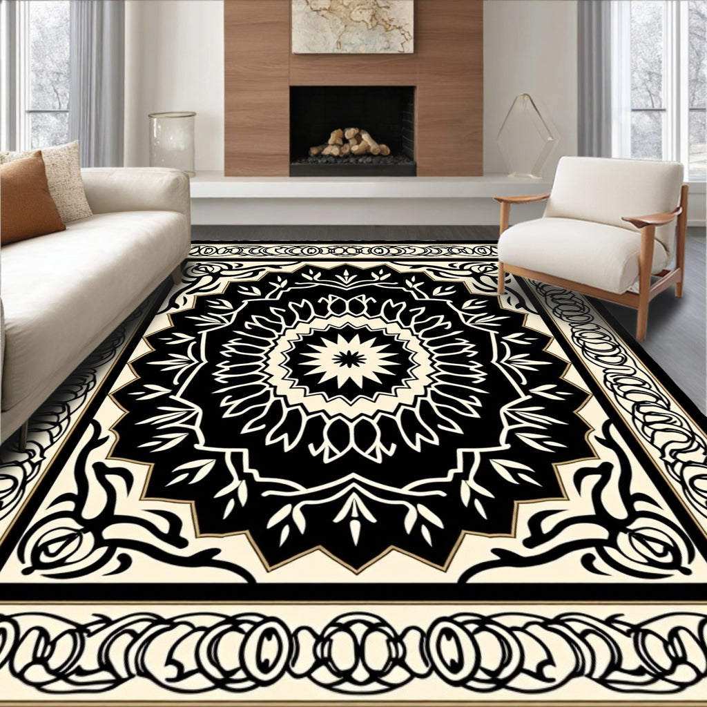 Intricate Black White Mandala Pattern Rug