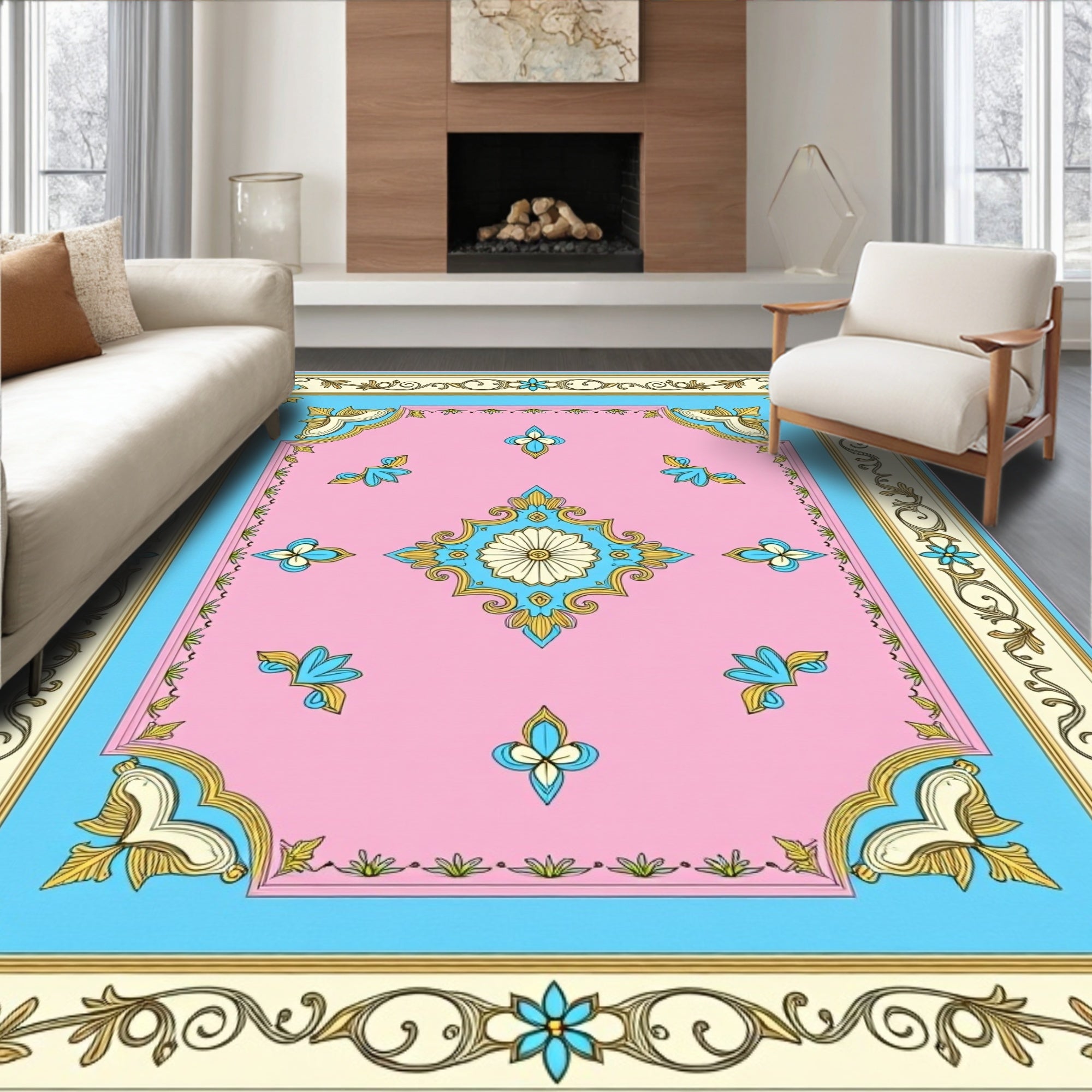 Ornamental Floral Pink Blue Border Rug