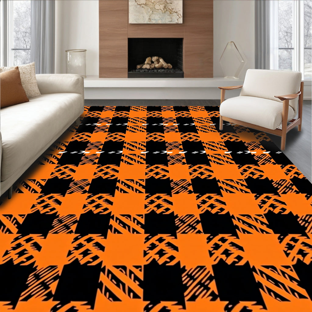 Bold Orange Black Plaid Geometric Design Rug