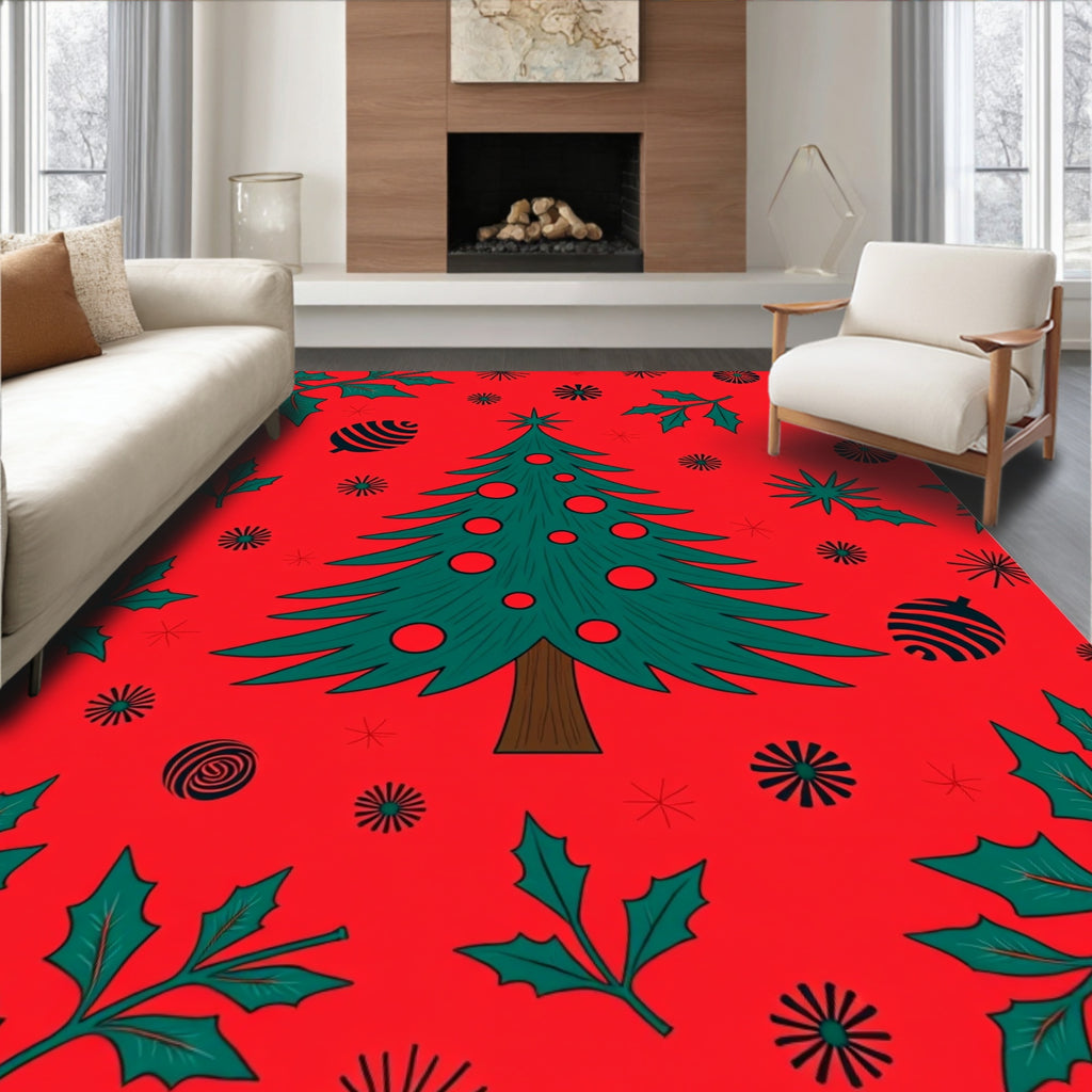 Festive Christmas Tree Holly Pattern Rug