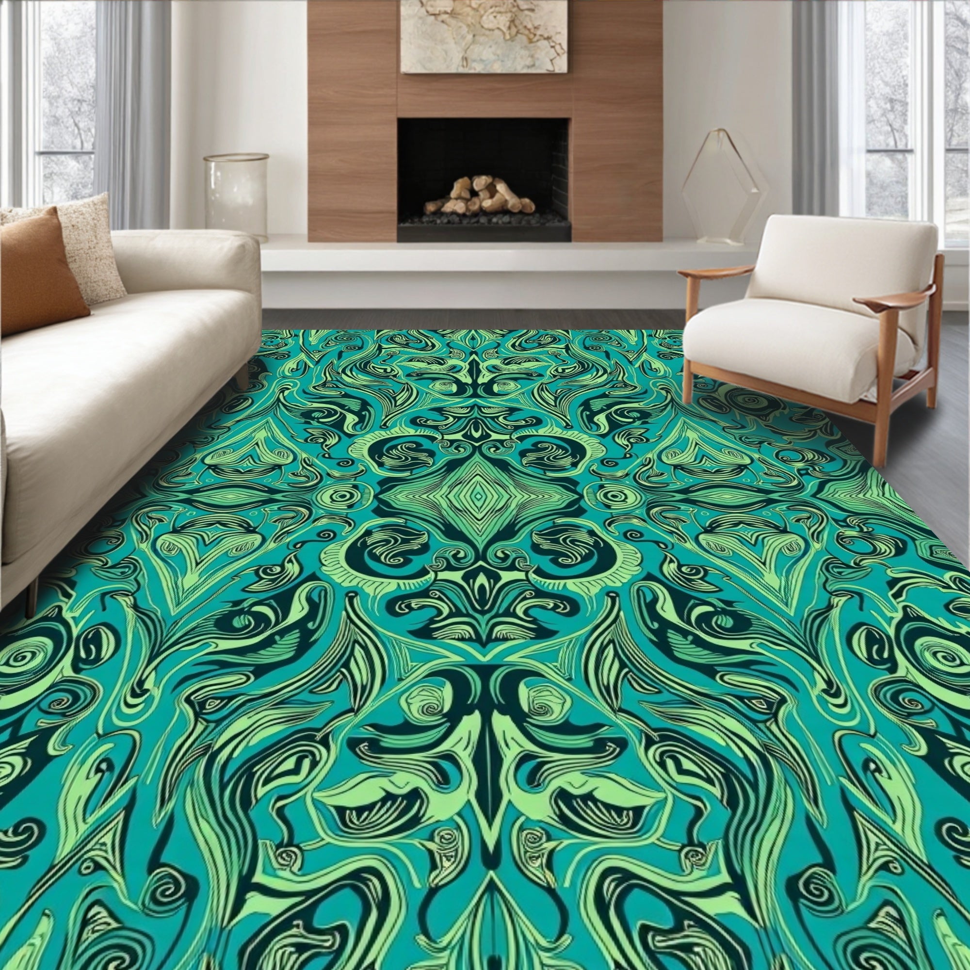 Teal Emerald Swirling Organic Garden Rug