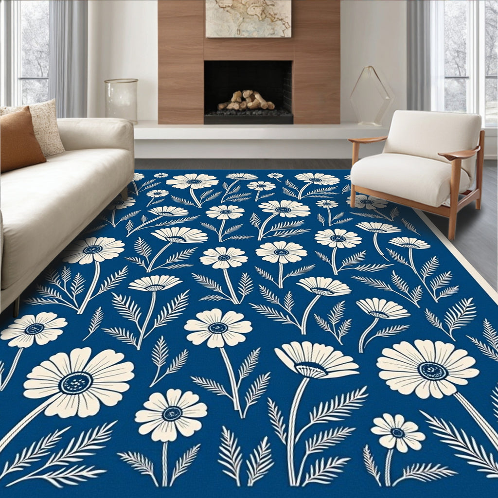 Classic Floral Patterned Indigo Rug