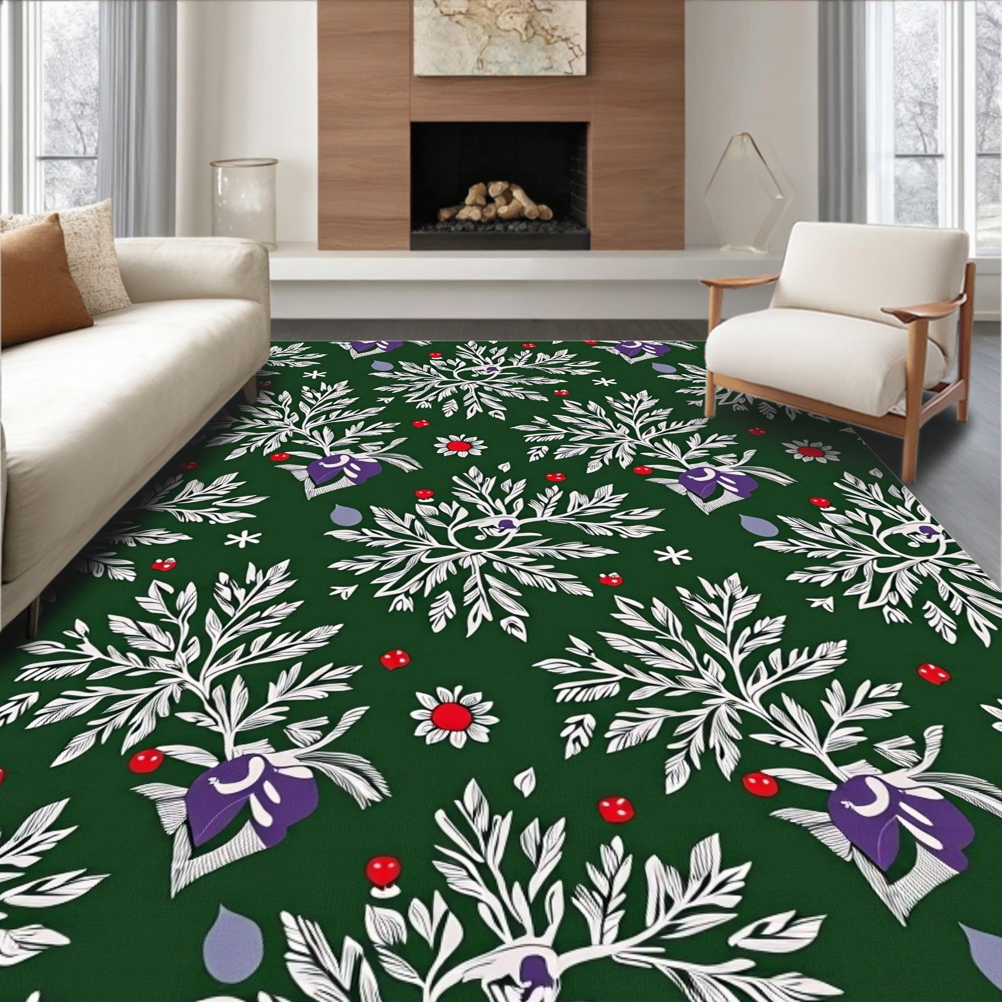 Nature Inspired White Floral Pattern Rug