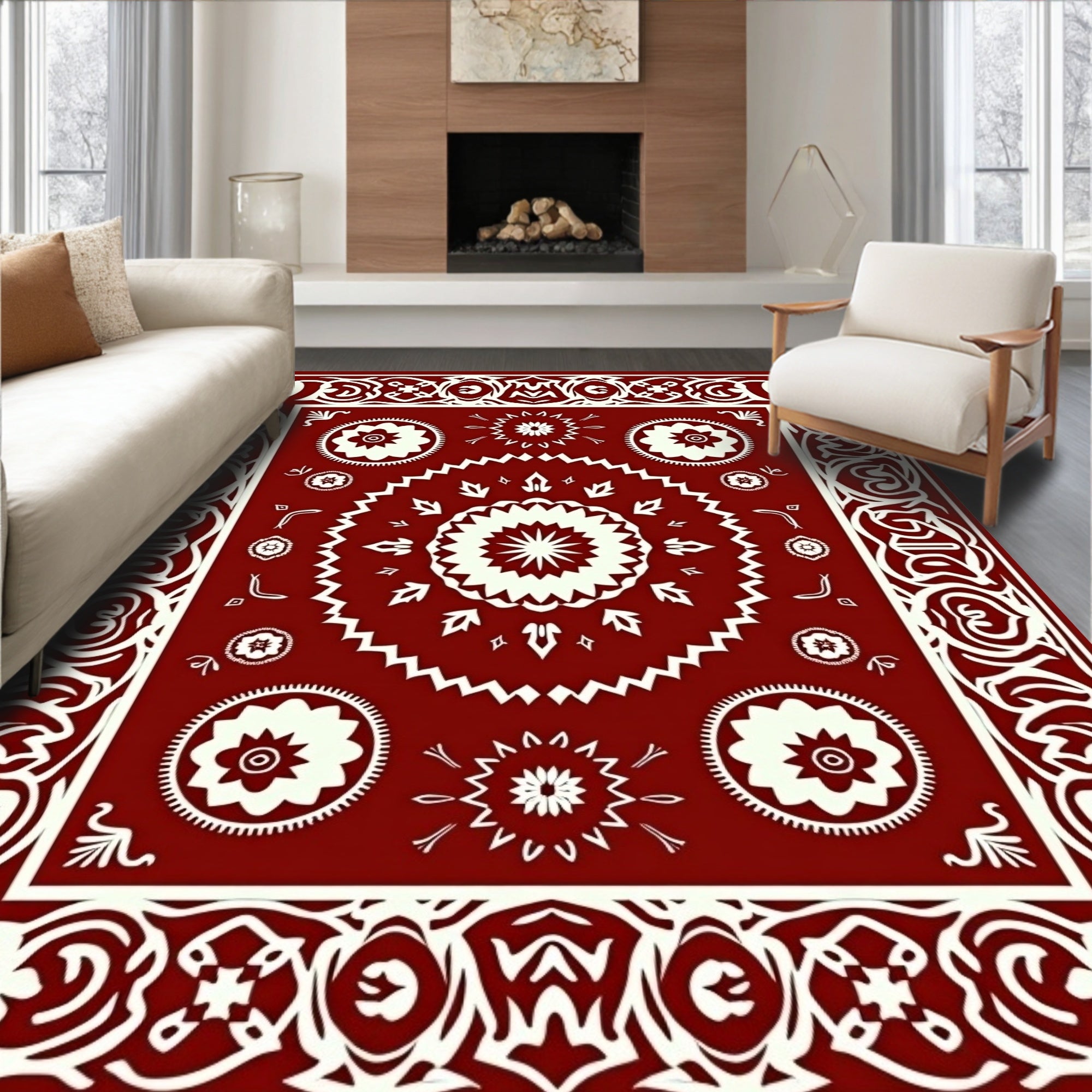 Crimson Mandala Patterned Rug