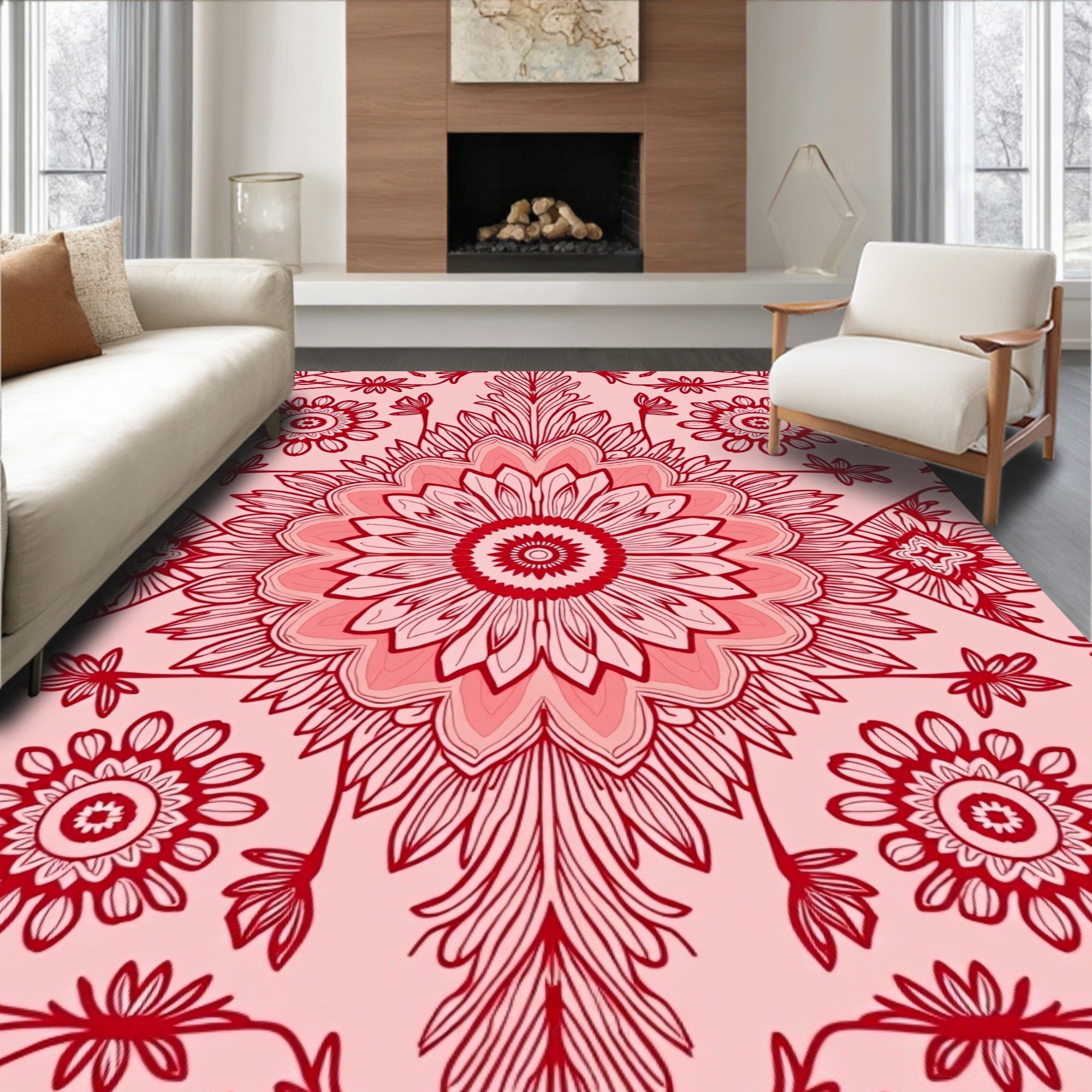 Intricate Red Floral Mandala Pattern Rug