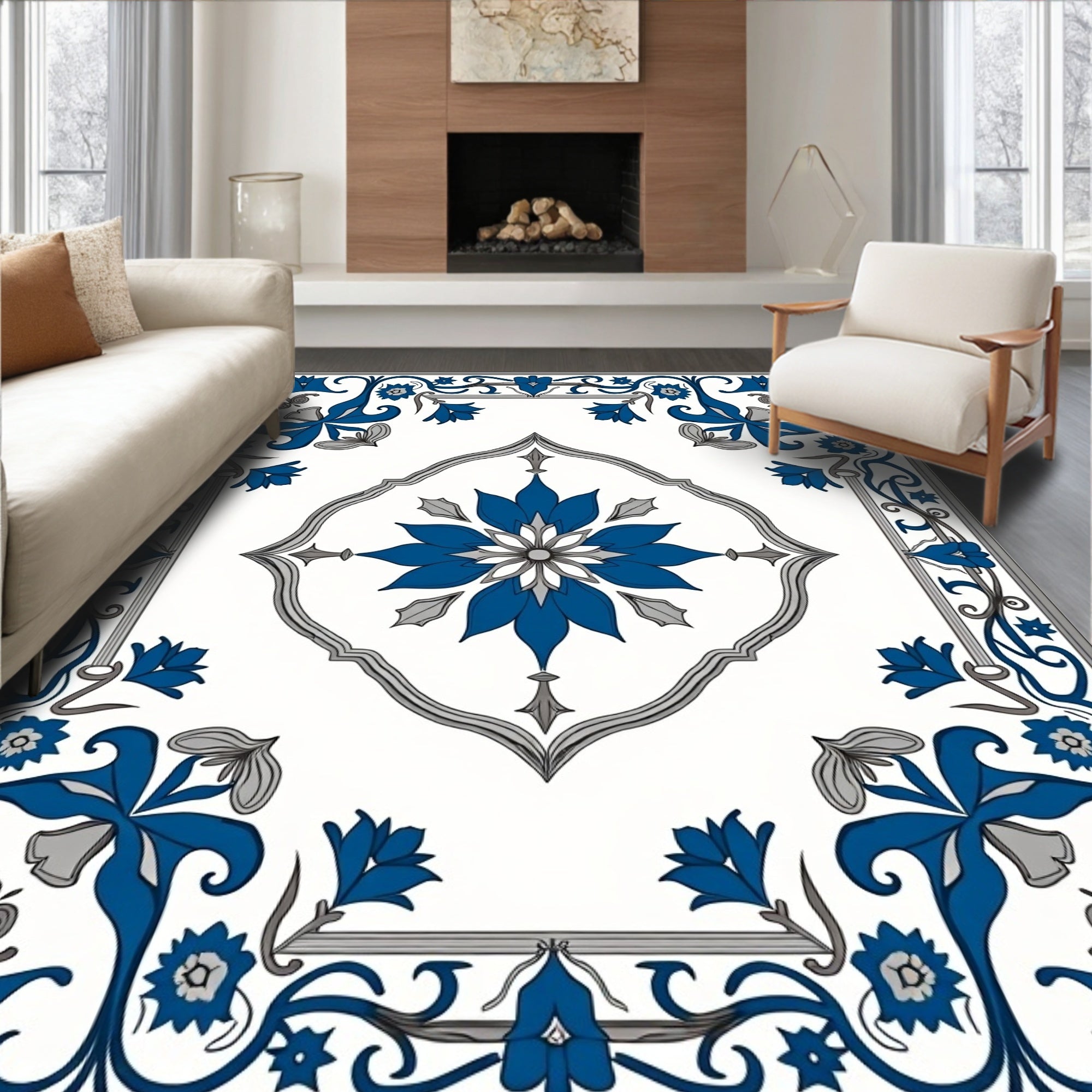 Elegant Blue Floral Scrollwork Design Rug
