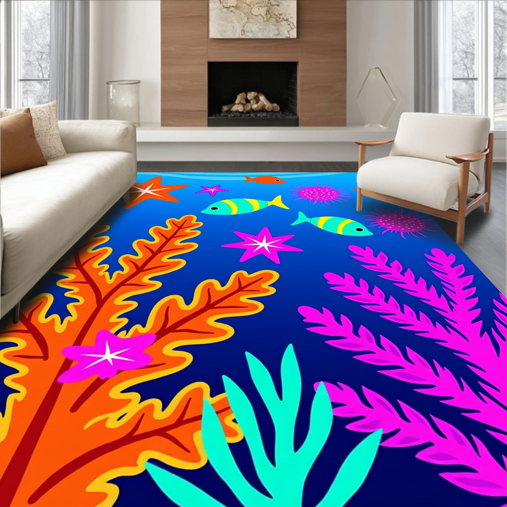 Colorful Ocean Life Coral Starfish Fish Rug