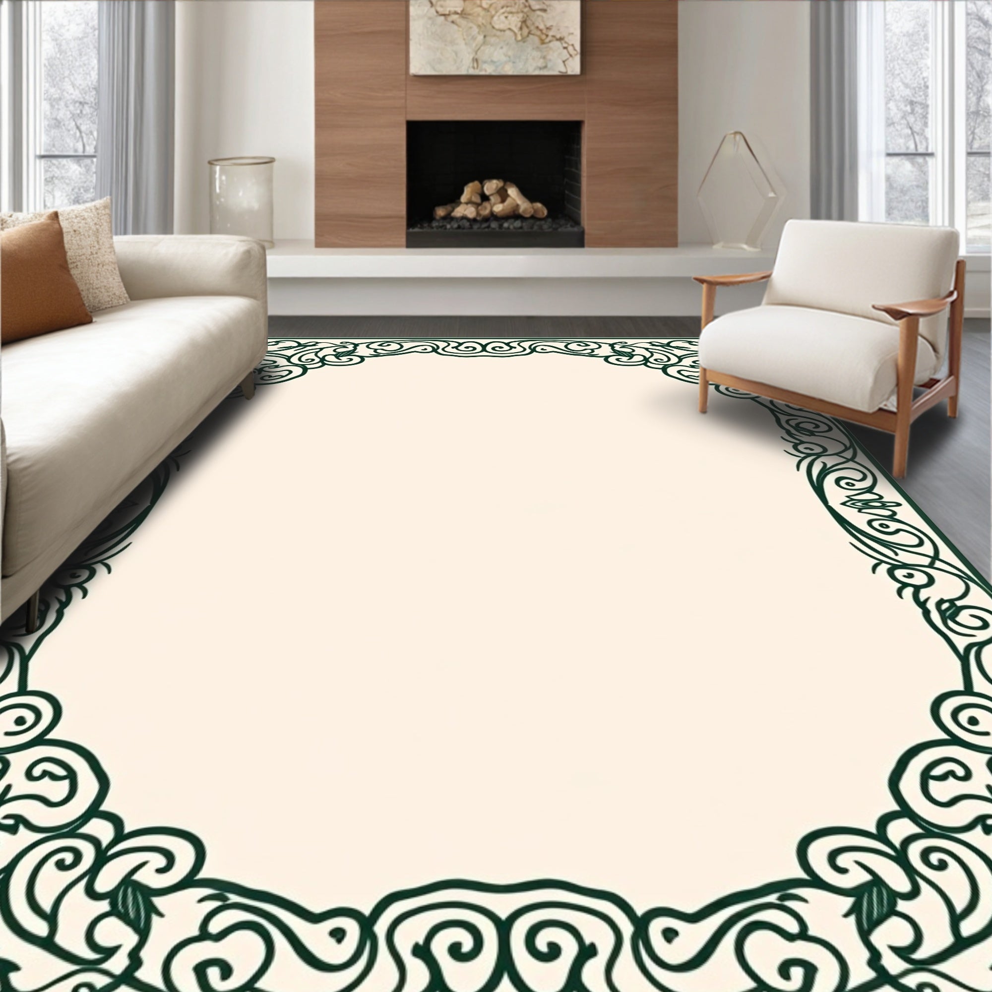Elegant Swirls Botanical Border Rug
