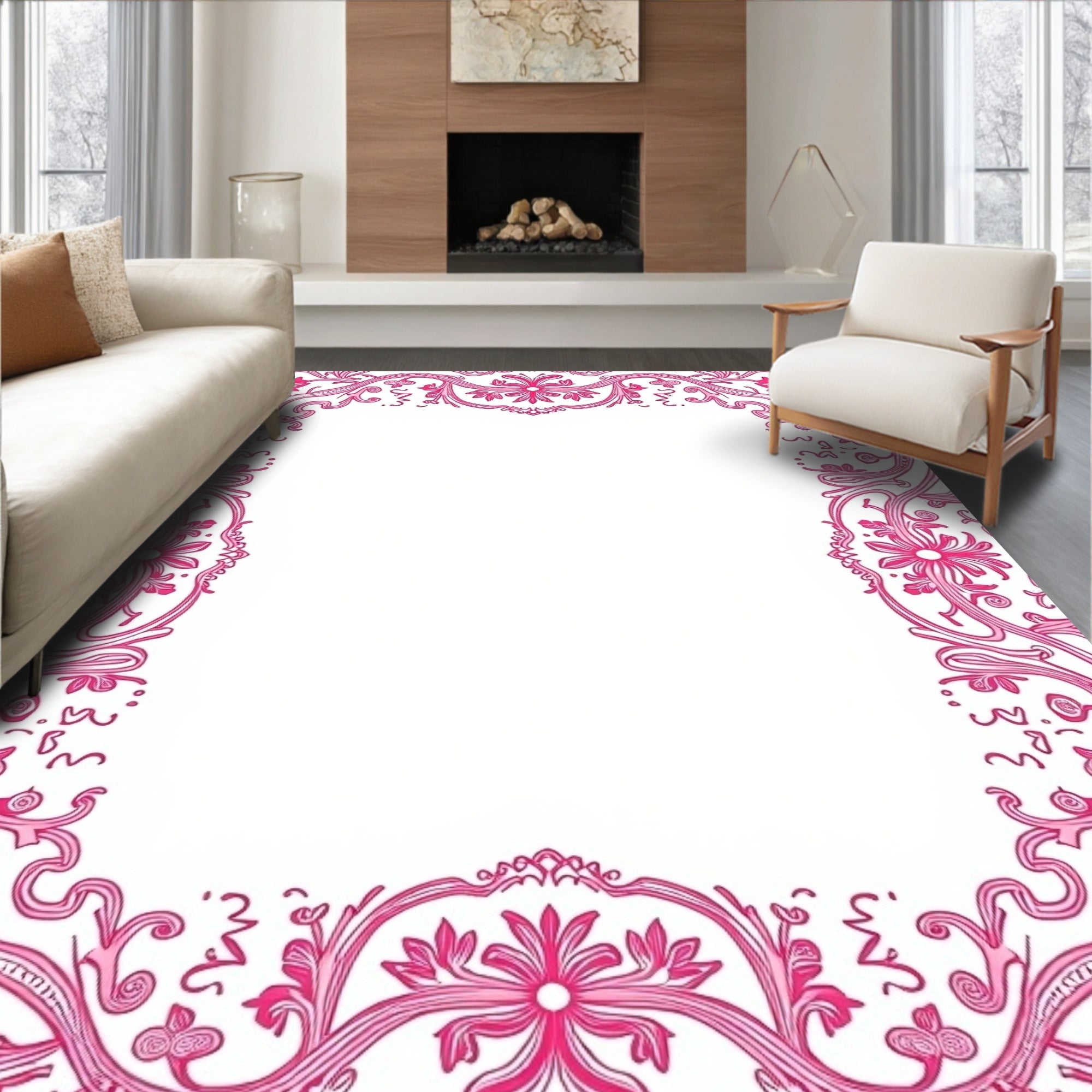 Elegant Pink Floral Vine Scroll Rug
