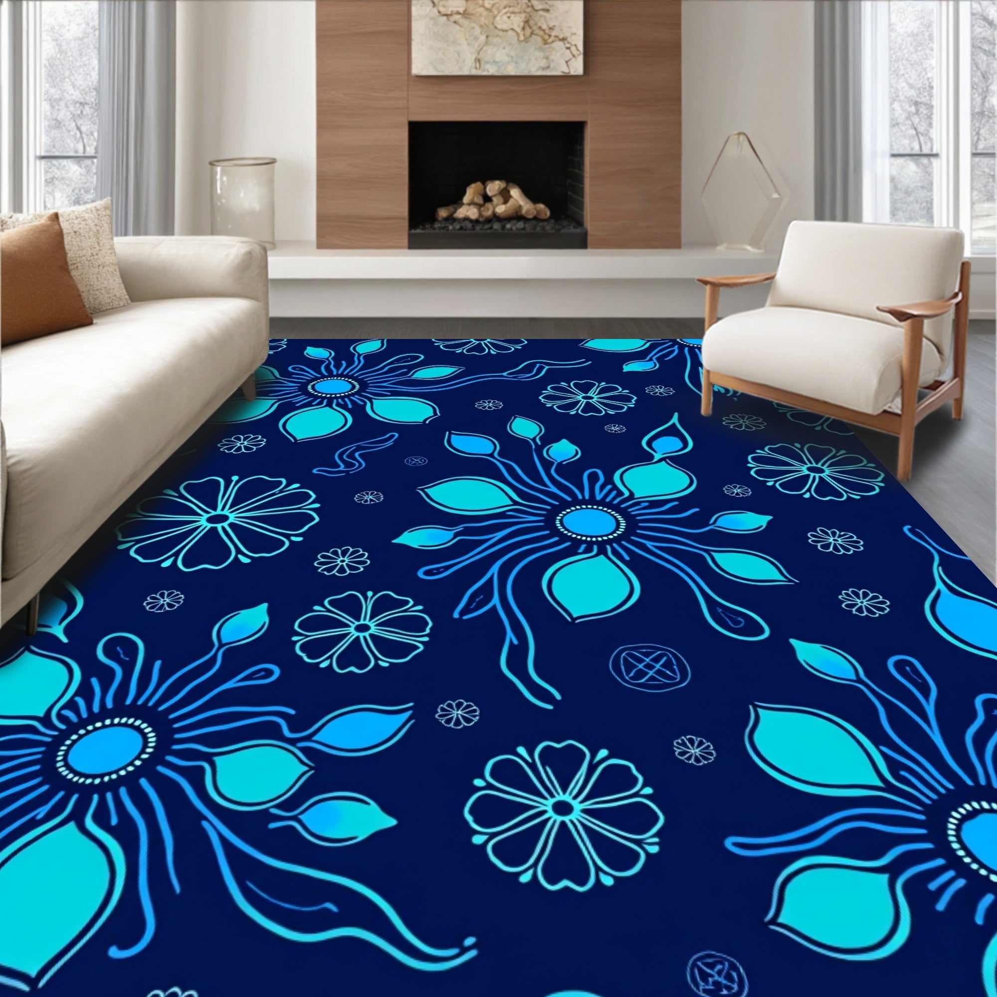Abstract Floral Design With Blue Tones Rug