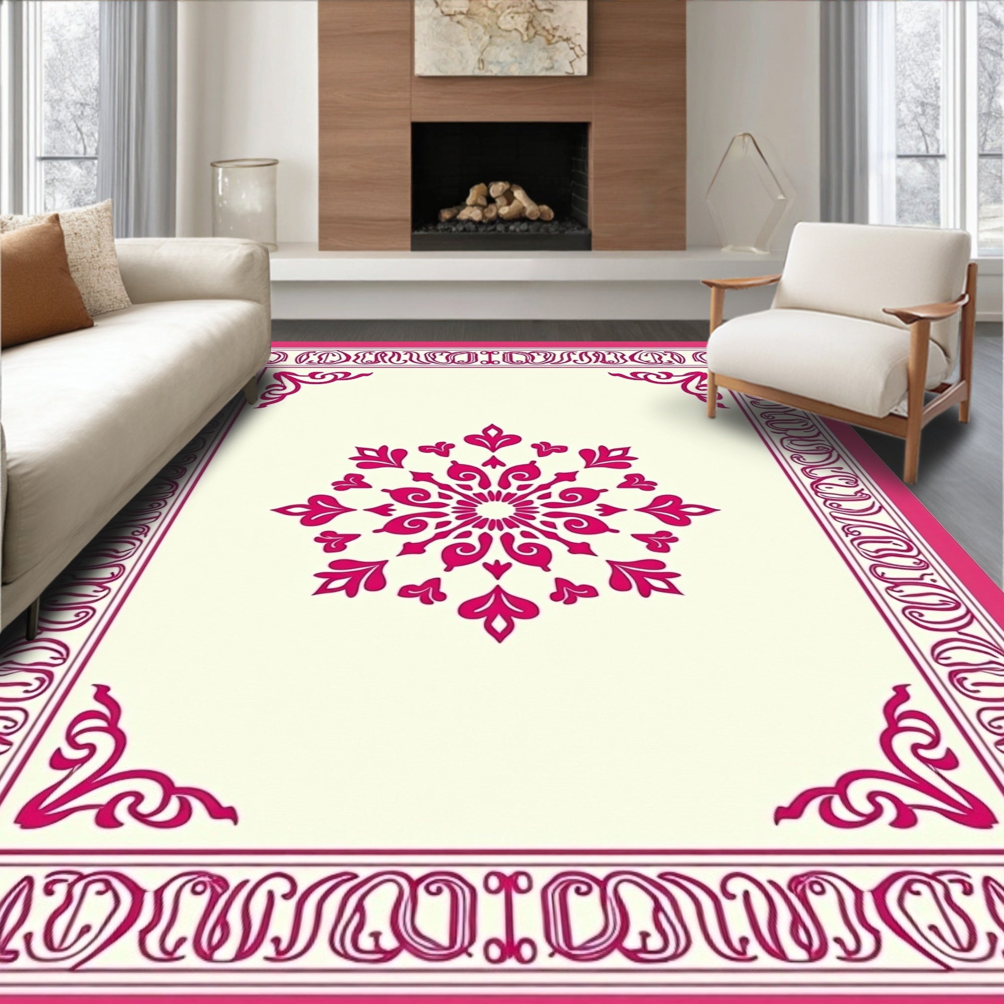 Ornate Pink Floral Mandala Design Rug