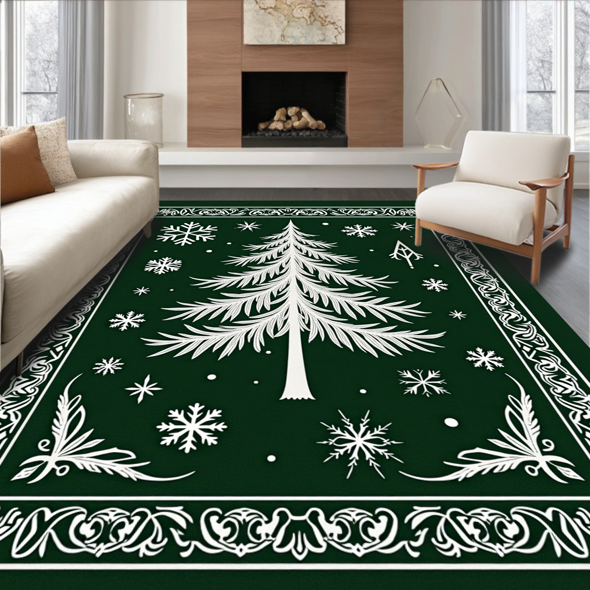 Winter Evergreen Snowy Pine Tree Rug