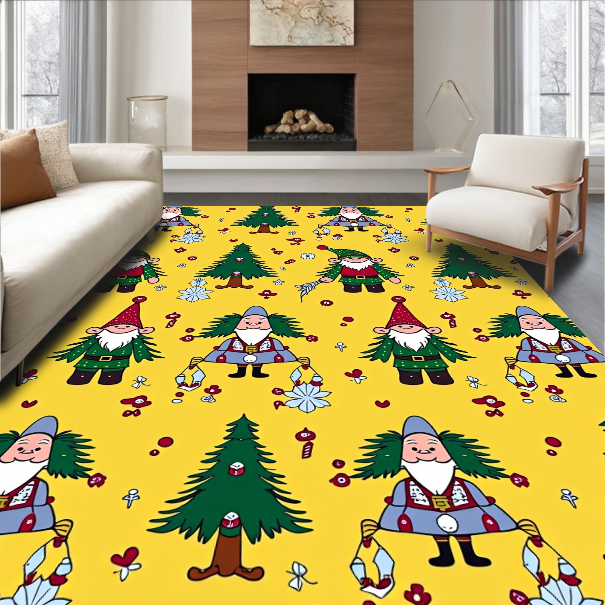 Happy Gnomes Christmas Trees Pattern Rug