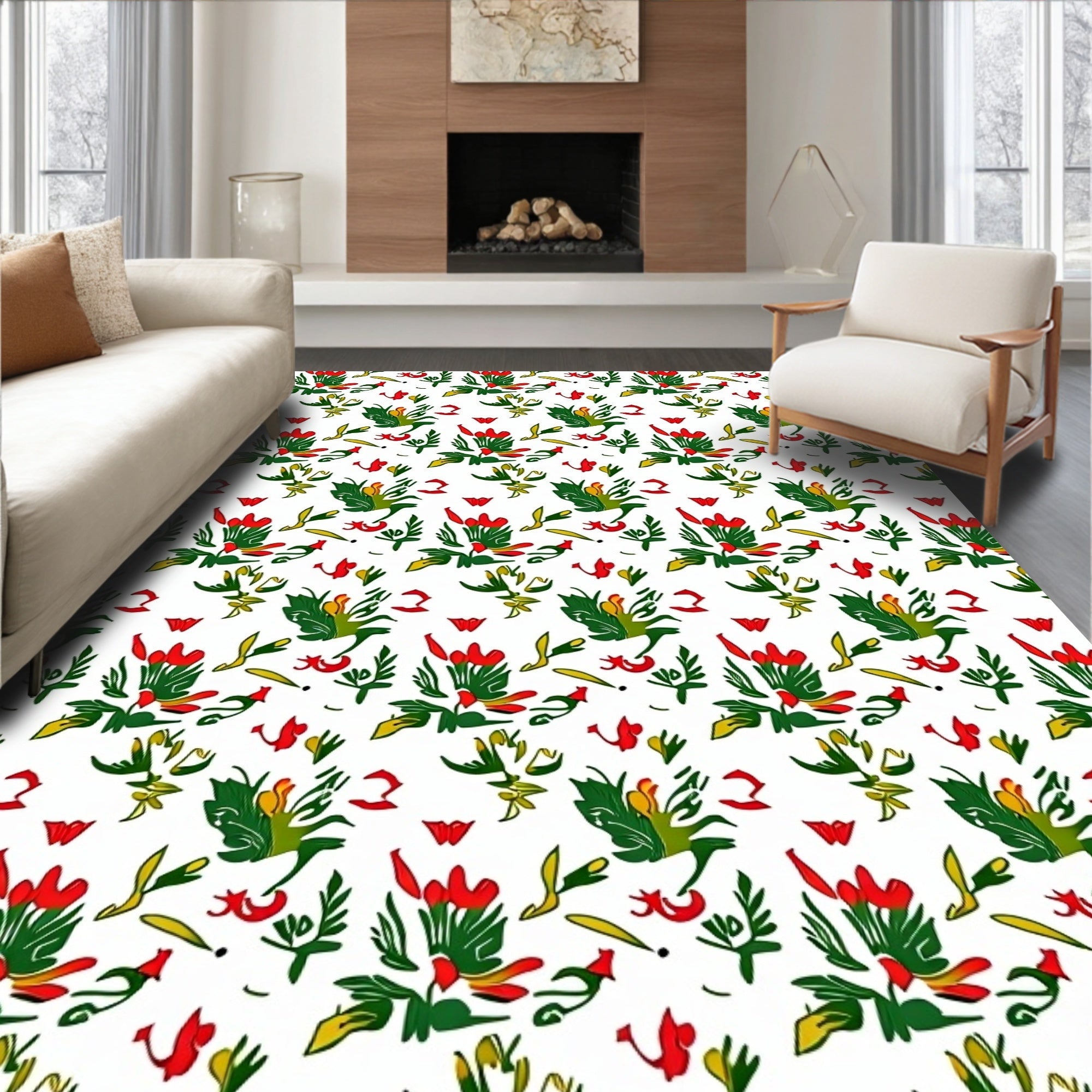 Red Green Floral Whimsy Pattern Rug