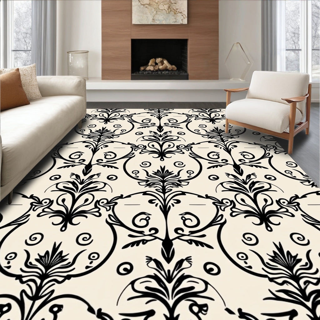 Classic Black Scrollwork Damask Pattern Rug
