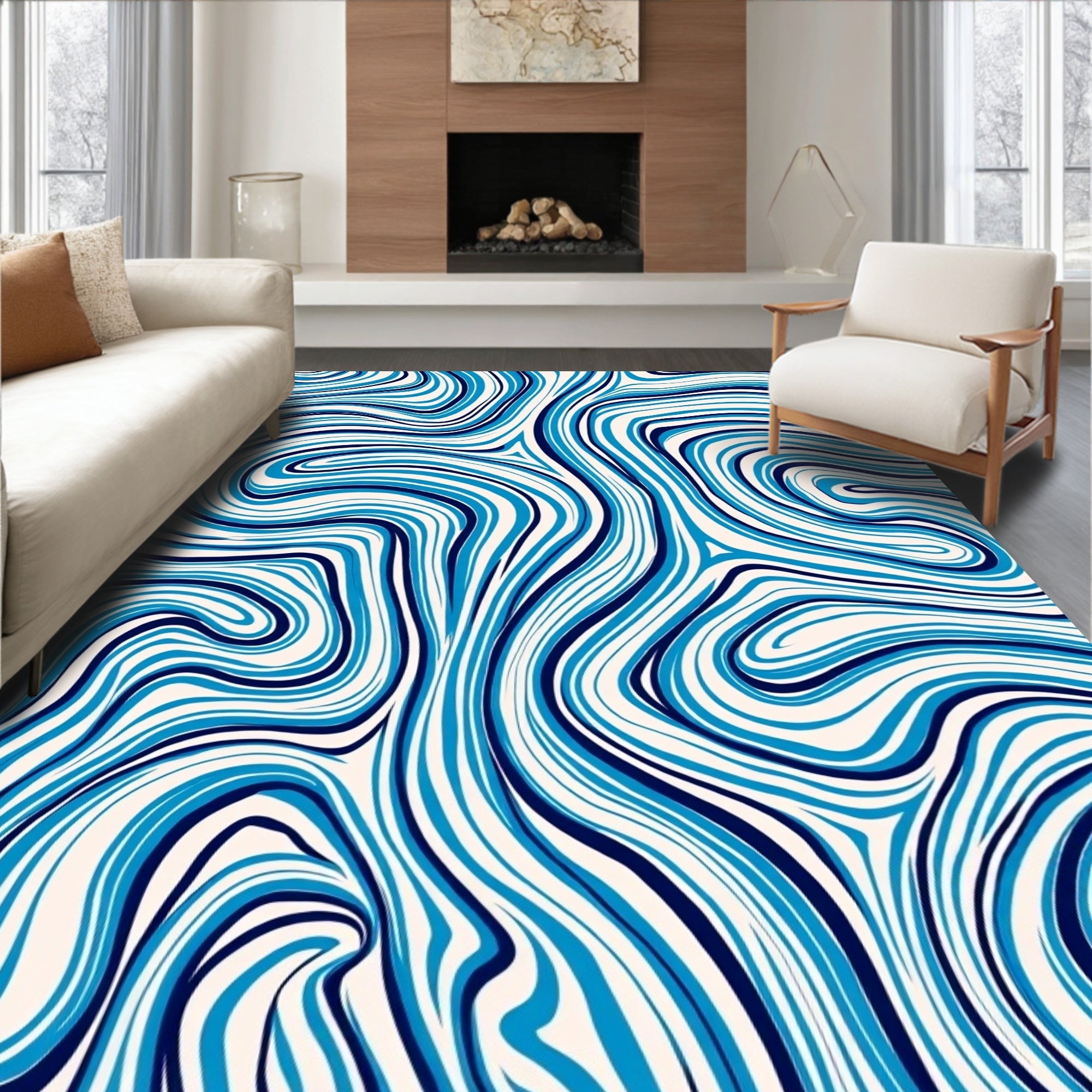 Abstract Blue And White Swirl Pattern Rug