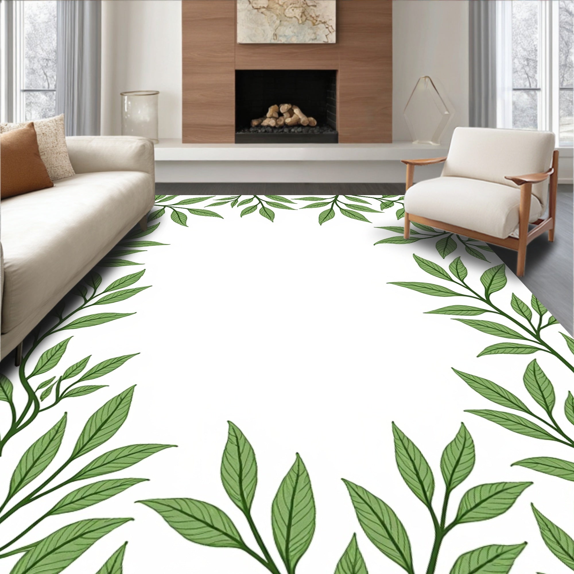 Green Leafy Branch Border Rug