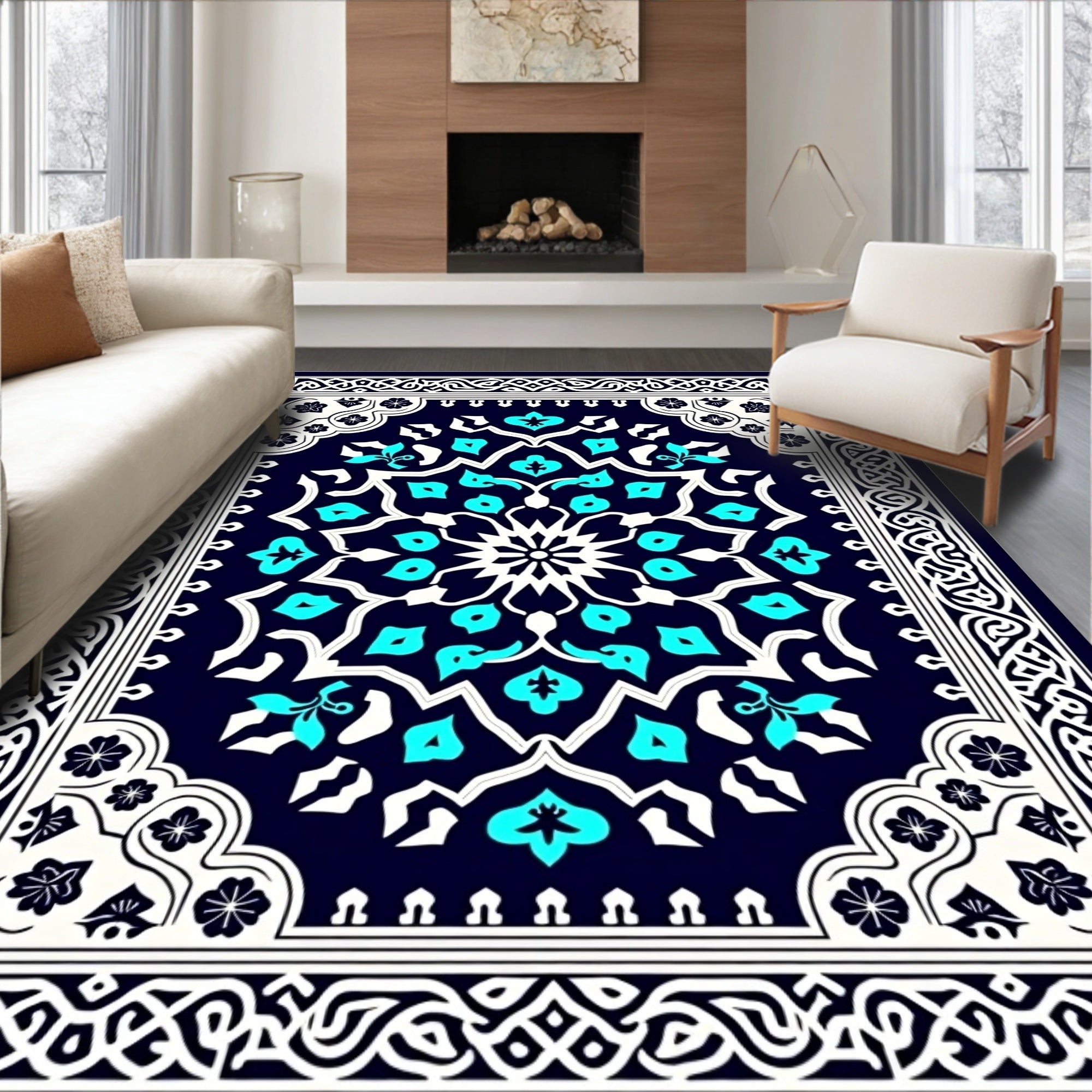 Intricate Turquoise Floral Mandala Pattern Rug