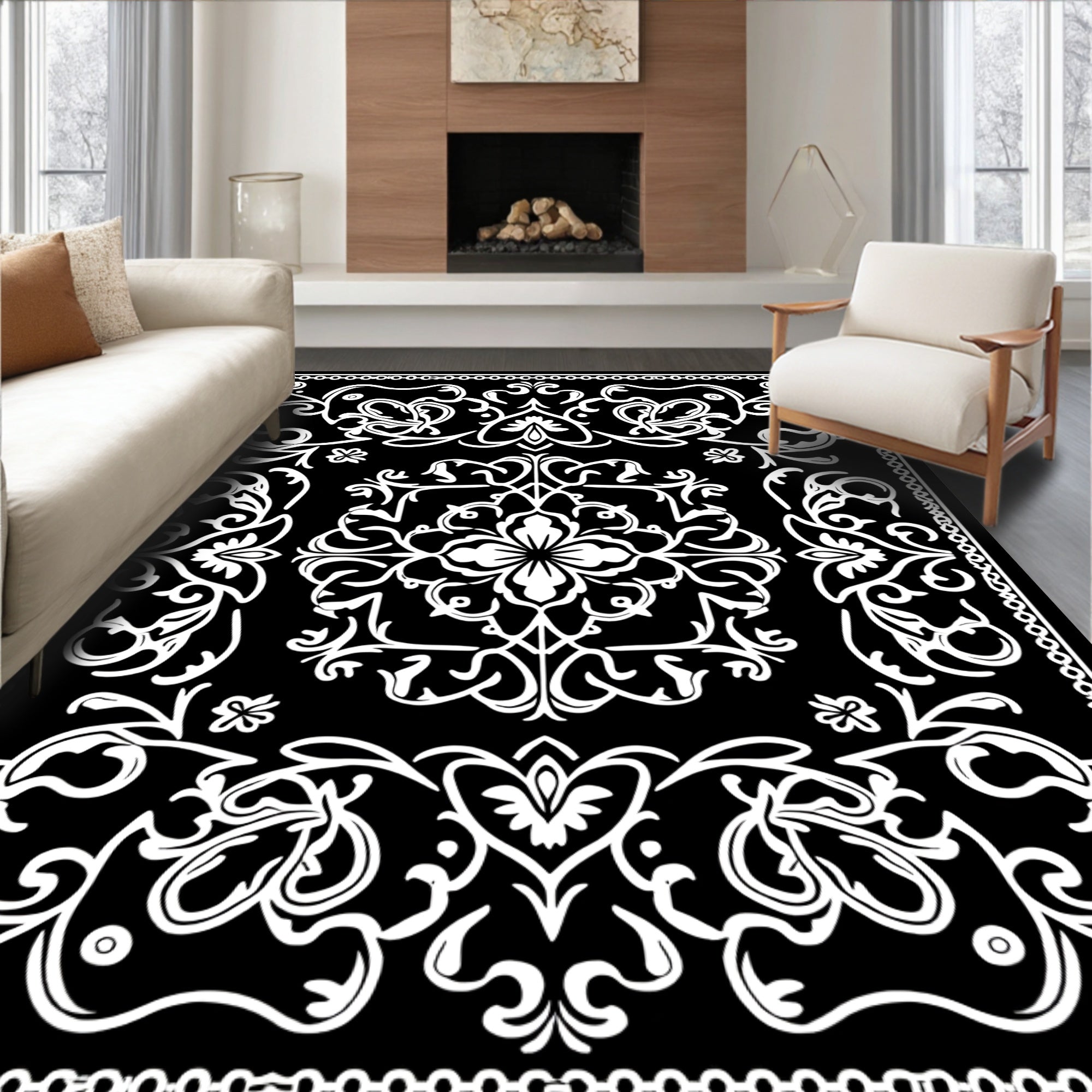 Classic White Floral Scrollwork Pattern Rug