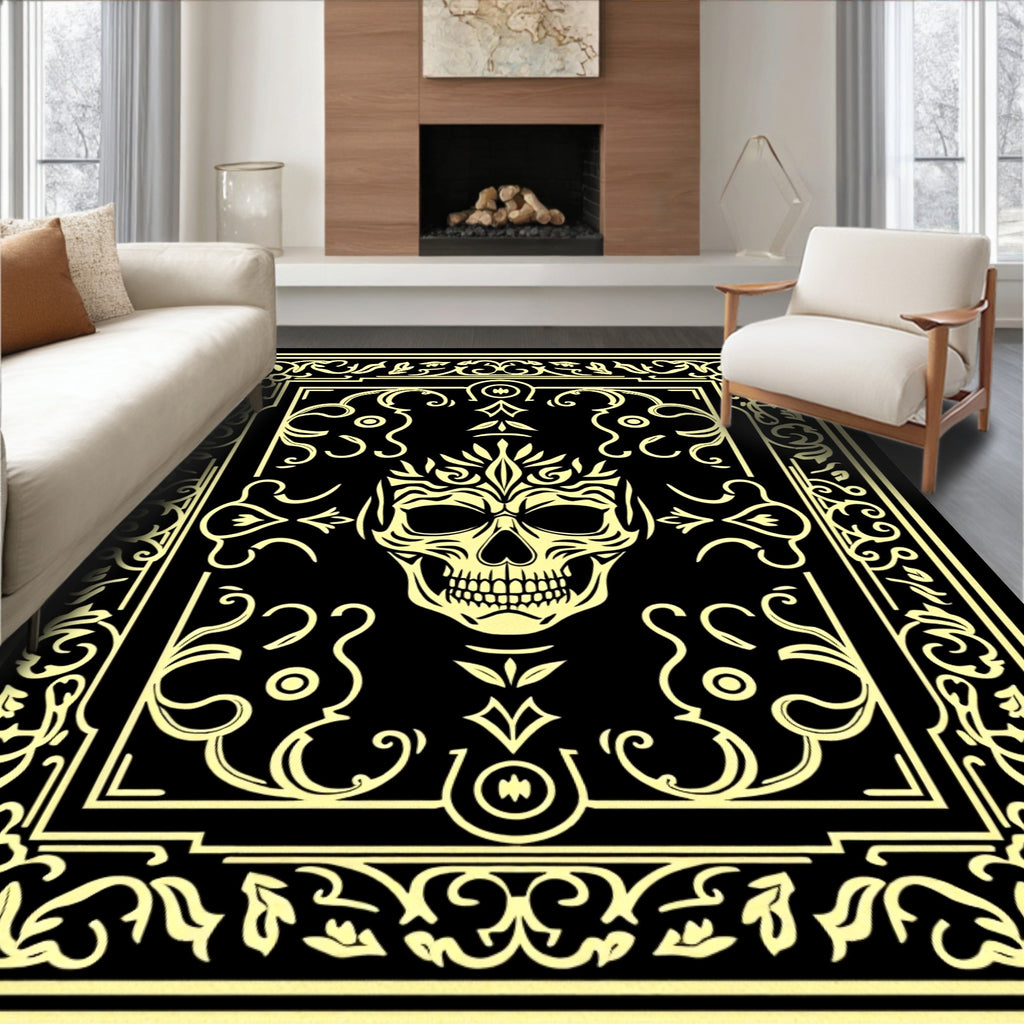 Ornate Golden Skull Baroque Frame Rug