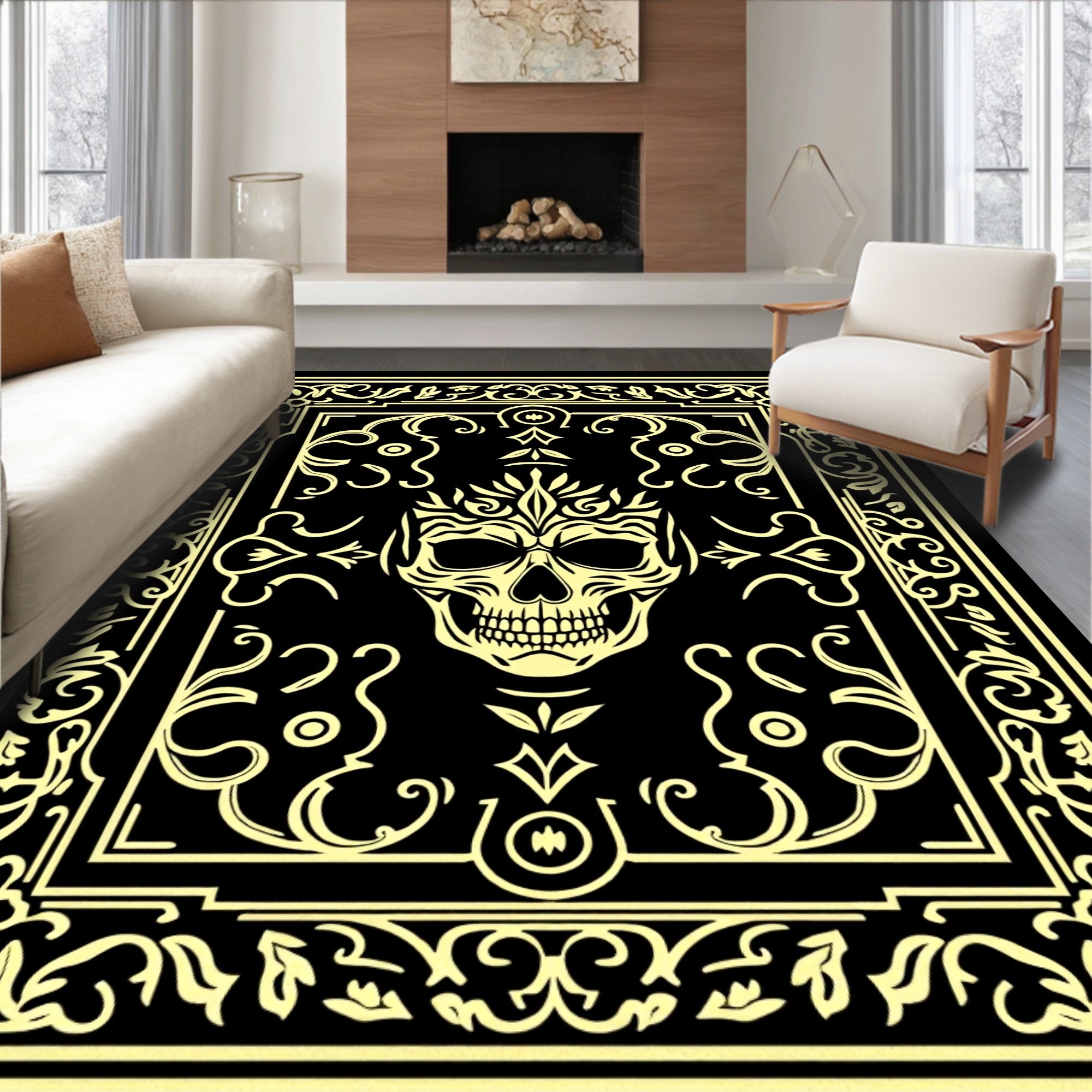 Ornate Golden Skull Baroque Frame Rug