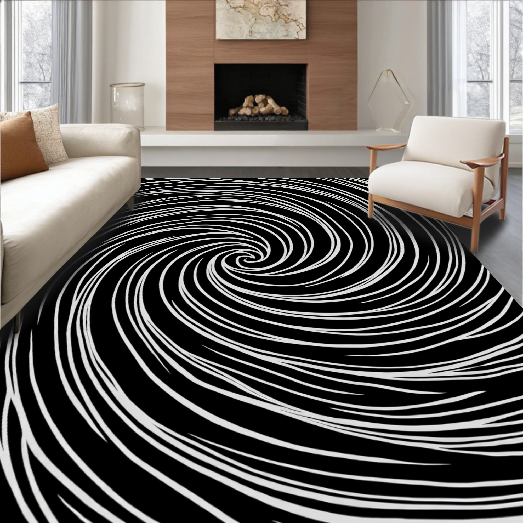 Black White Swirling Lines Design Rug