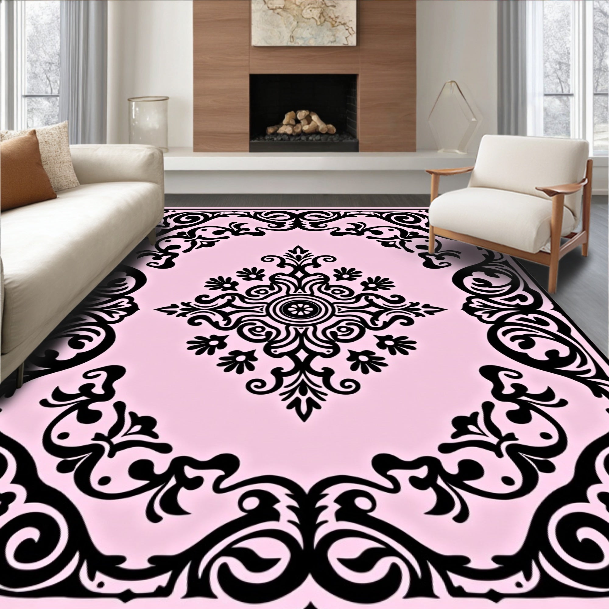 Classic Scrollwork Floral Border Design Rug