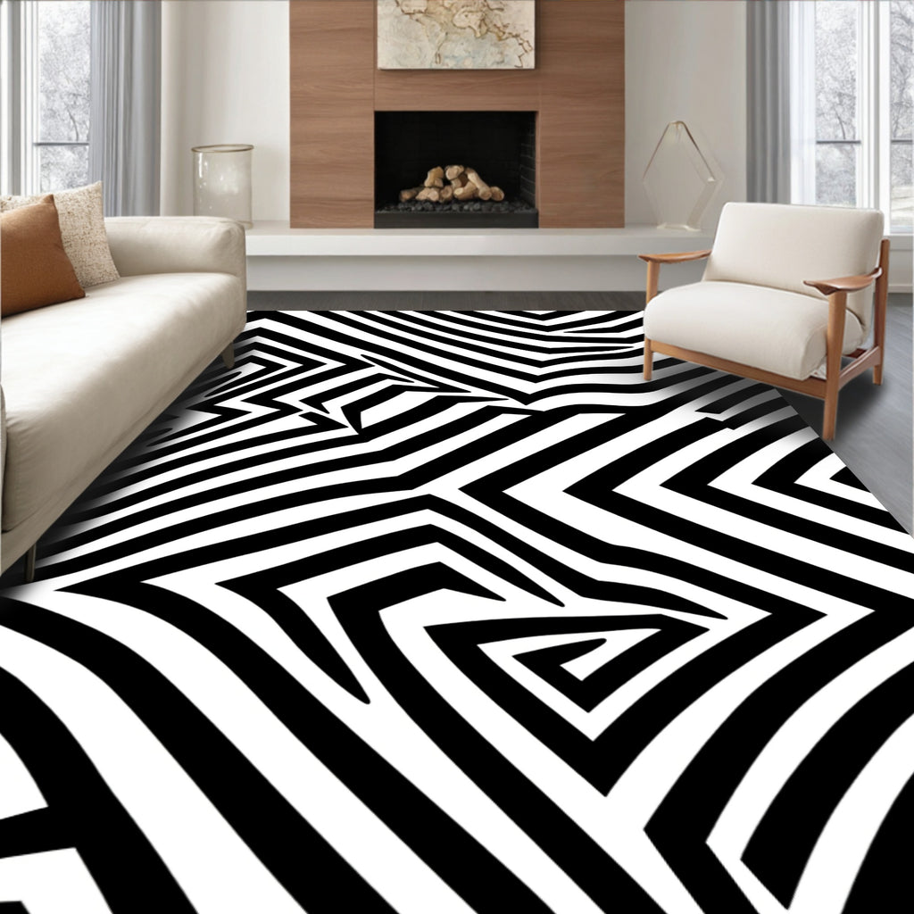 Abstract Black White Striped Design Rug