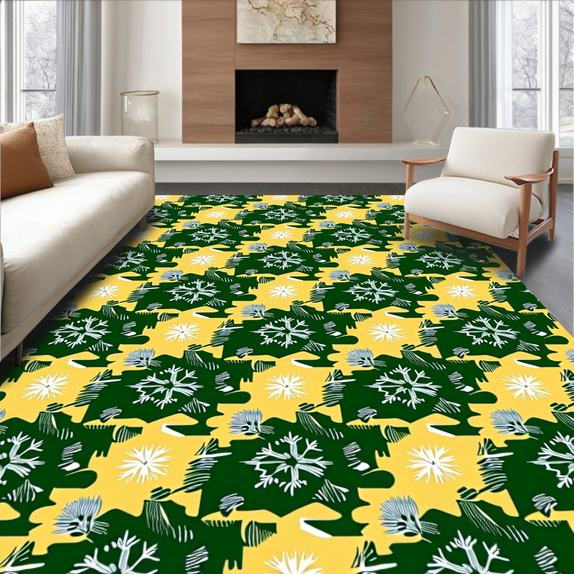 Graphic Snowflake Patterned Yellow Rug