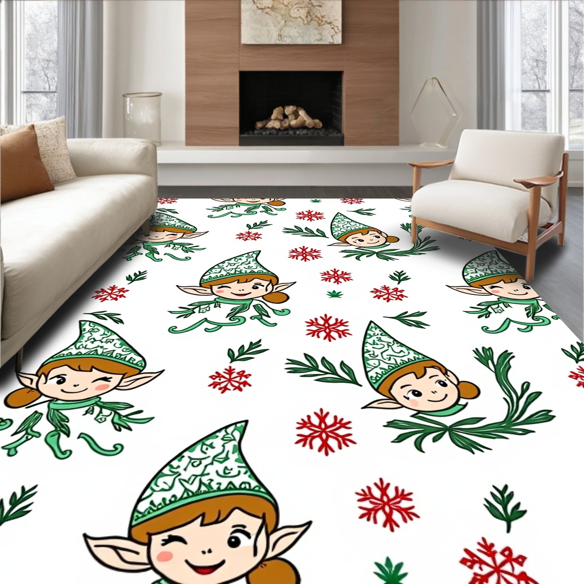 Christmas Elf Snowflakes Green Red Rug